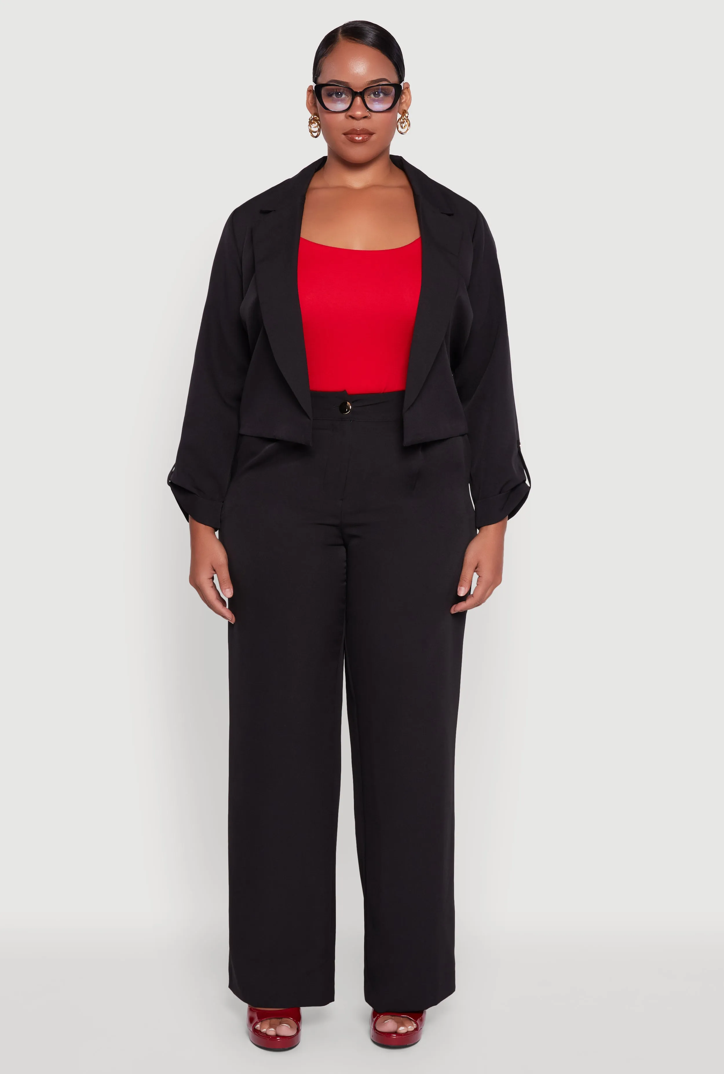 Plus Size Crepe Knit Cropped Long Sleeve Collared Blazer sold by Rainbow product image thumbnail 3