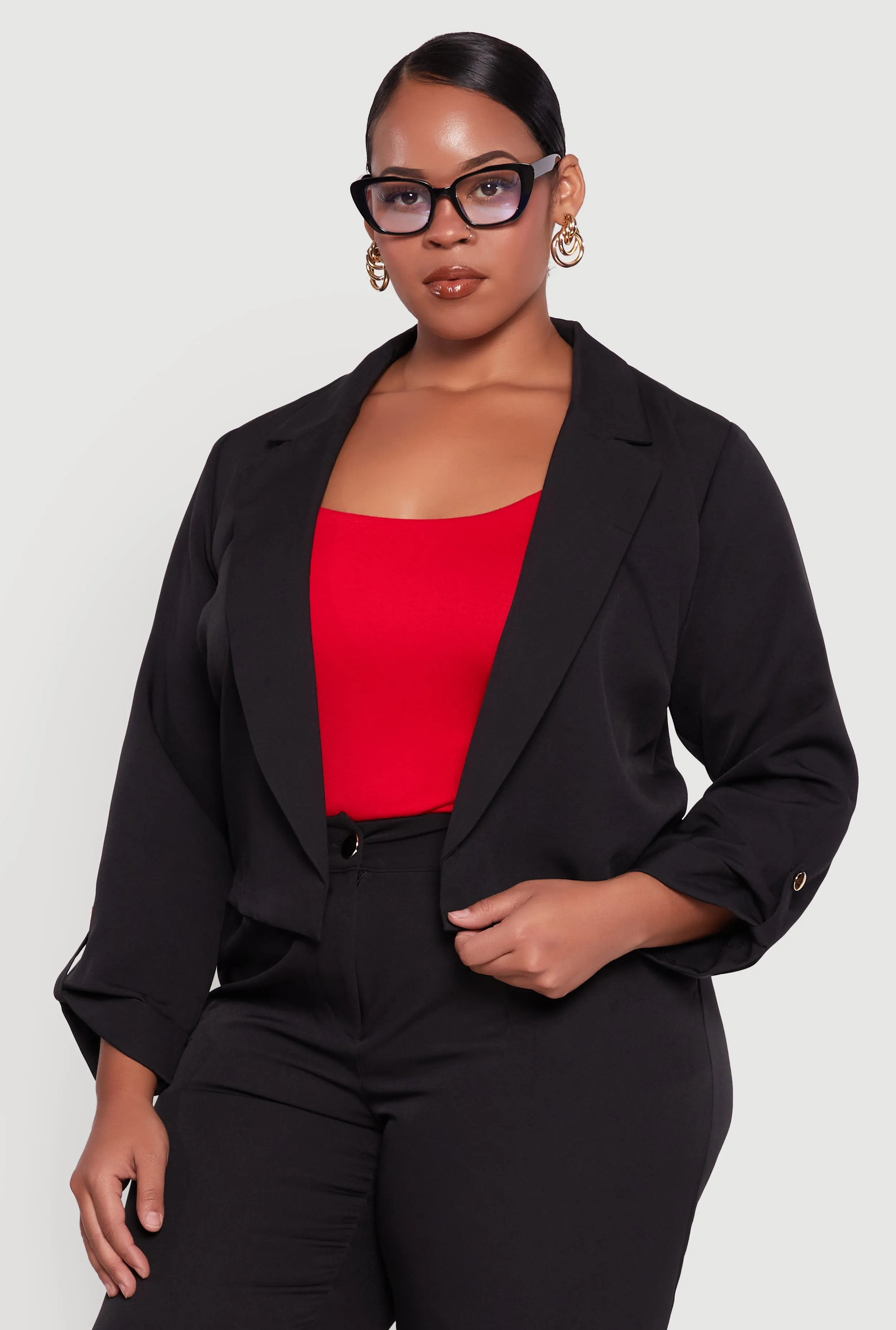 Plus Size Crepe Knit Cropped Long Sleeve Collared Blazer sold by Rainbow