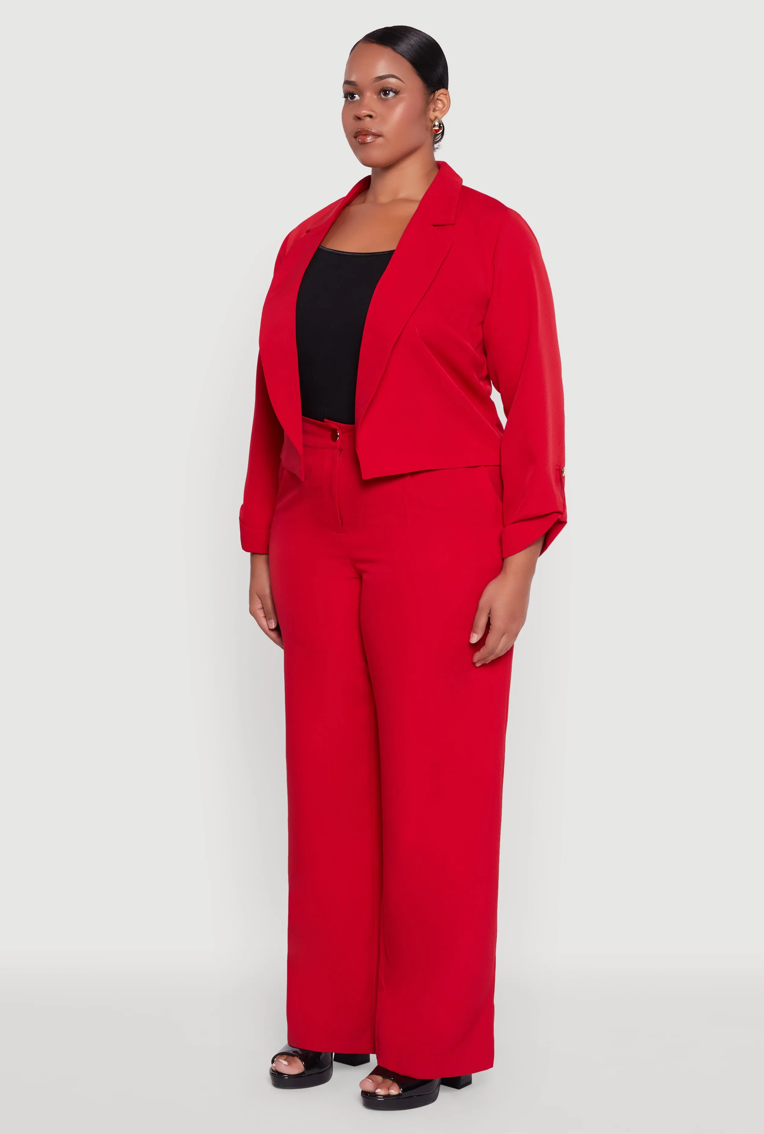 Plus Size Crepe Knit Cropped Long Sleeve Collared Blazer sold by Rainbow product image thumbnail 5