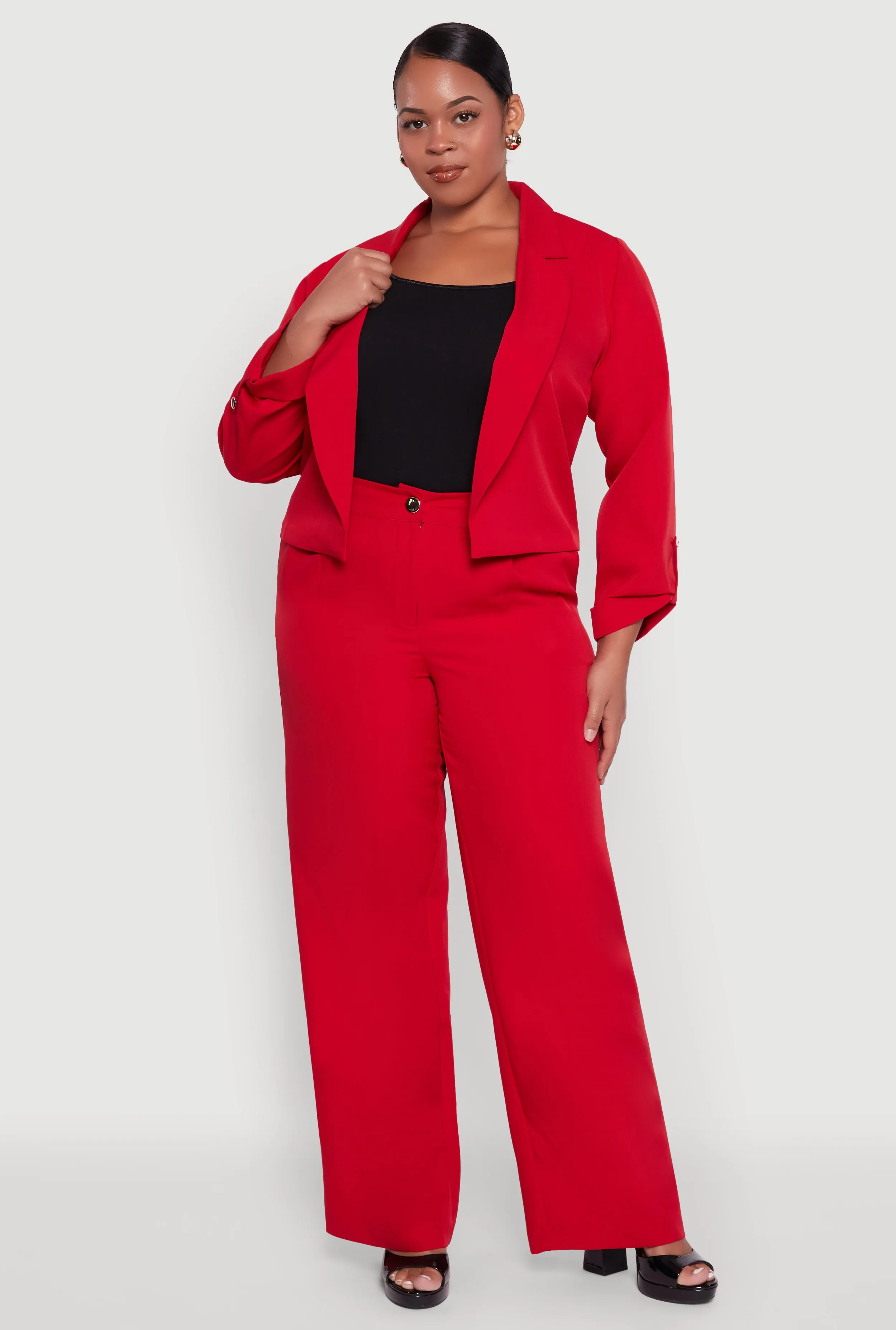 Plus Size Crepe Knit Cropped Long Sleeve Collared Blazer sold by Rainbow product image thumbnail 2
