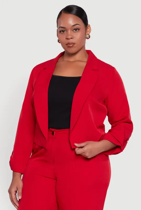 Plus Size Crepe Knit Cropped Long Sleeve Collared Blazer sold by Rainbow