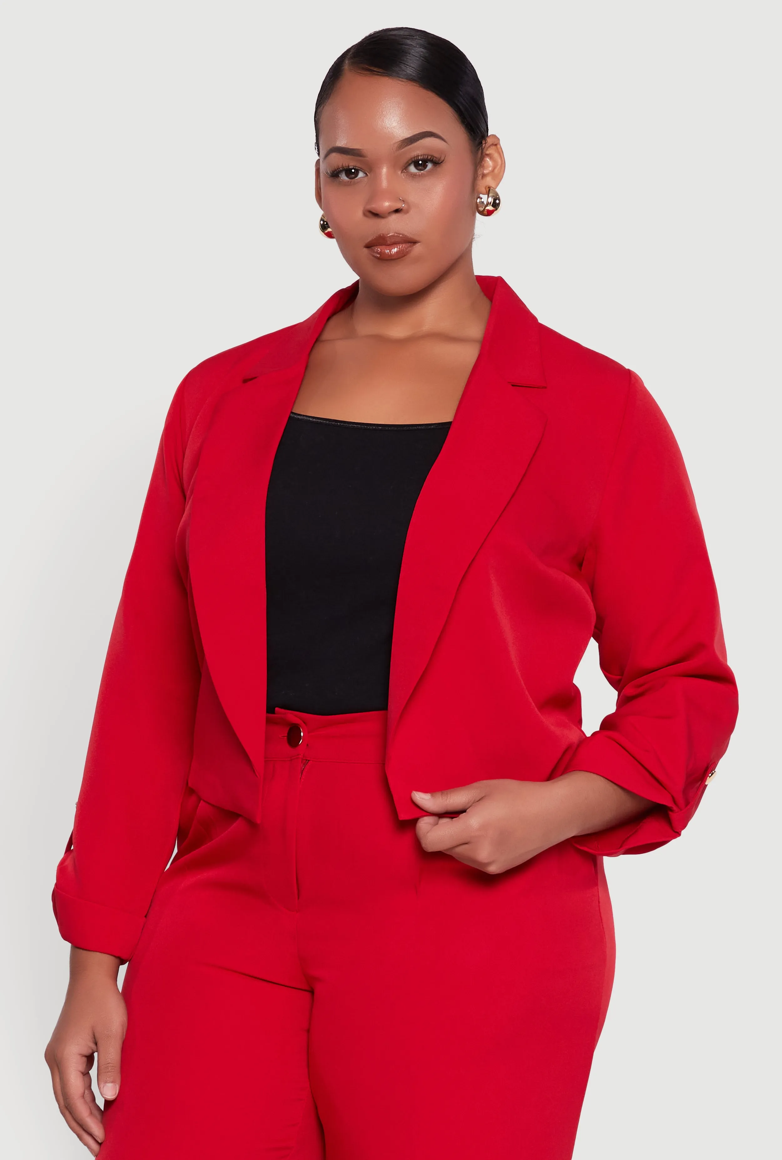 Plus Size Crepe Knit Cropped Long Sleeve Collared Blazer sold by Rainbow