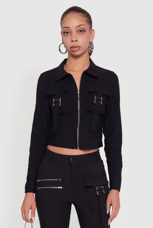 Hyper Stretch Cropped Zip Front Utility Jacket sold by Rainbow