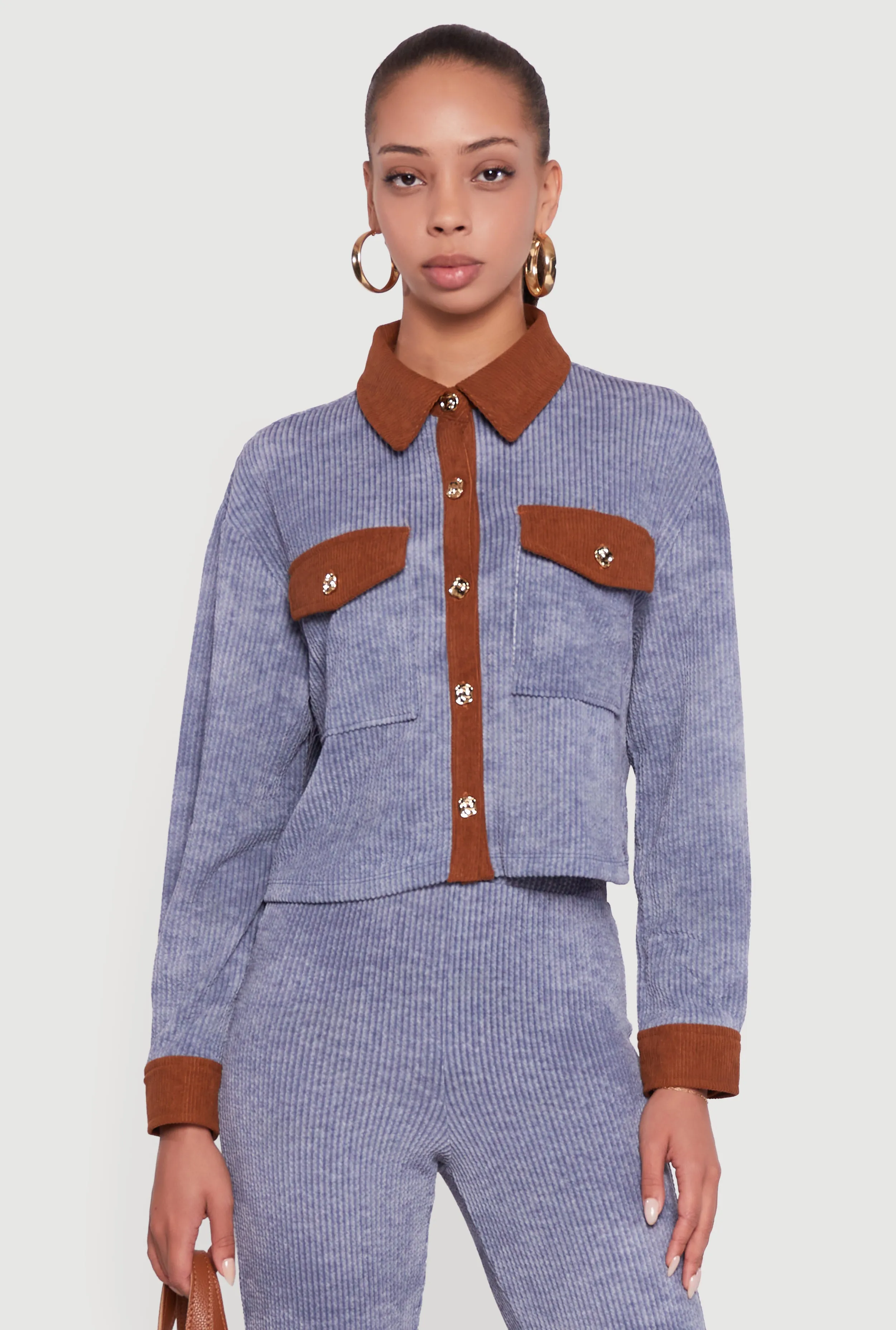 Corduroy Contrast Trim Button Front Shirt sold by Rainbow