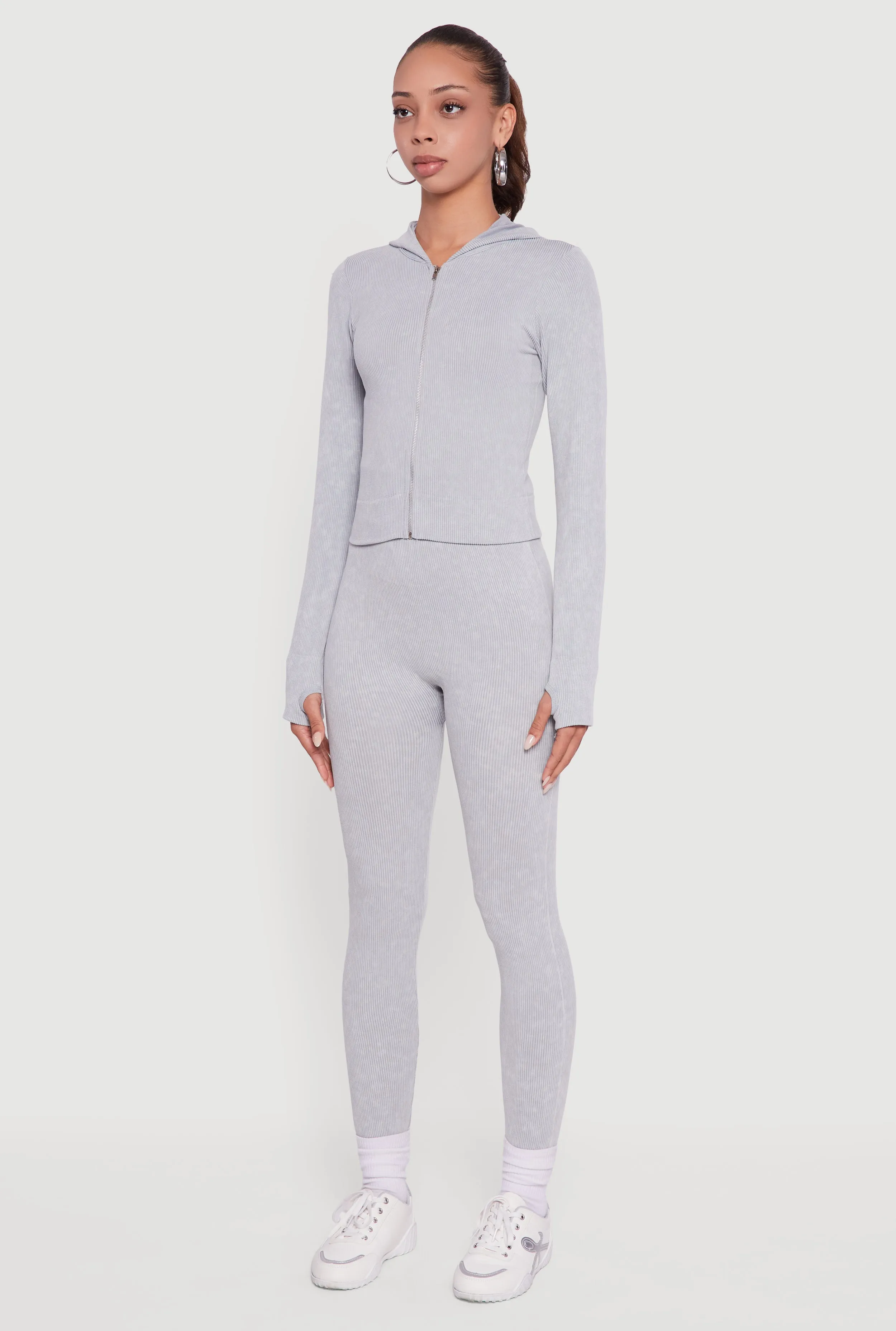 Acid Wash Ribbed Knit Hoodie with Thumb Holes sold by Rainbow product image thumbnail 5