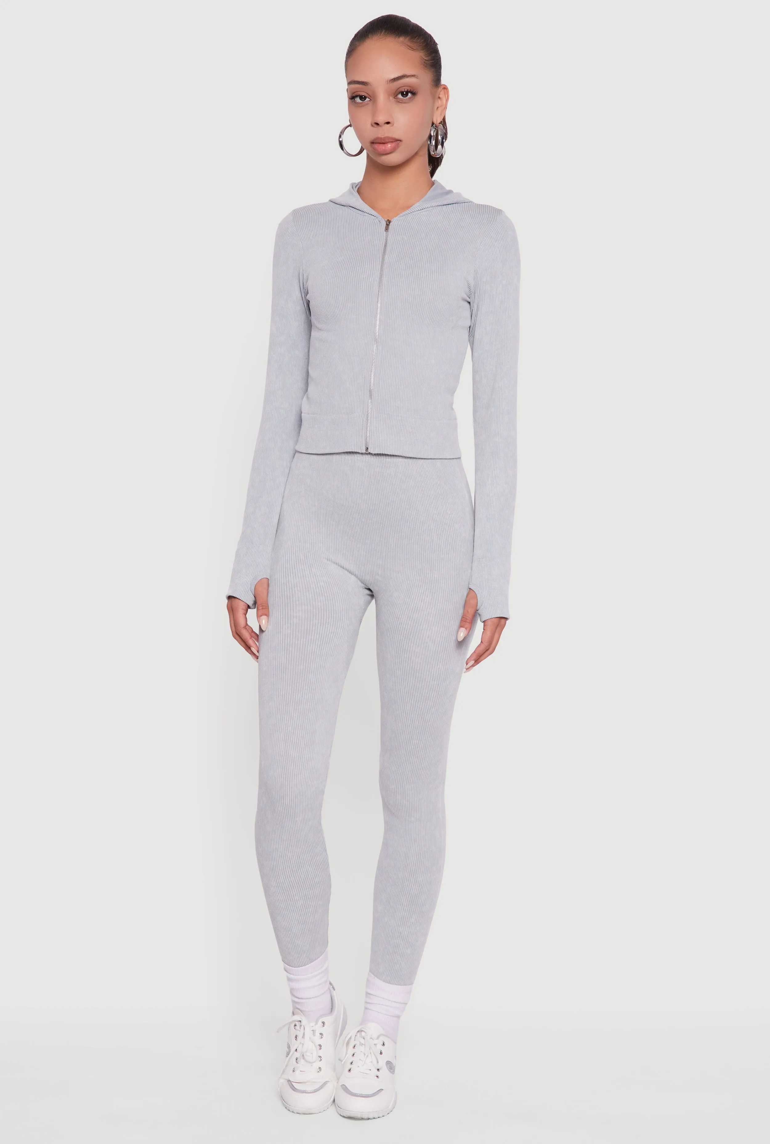 Acid Wash Ribbed Knit Hoodie with Thumb Holes sold by Rainbow product image thumbnail 2