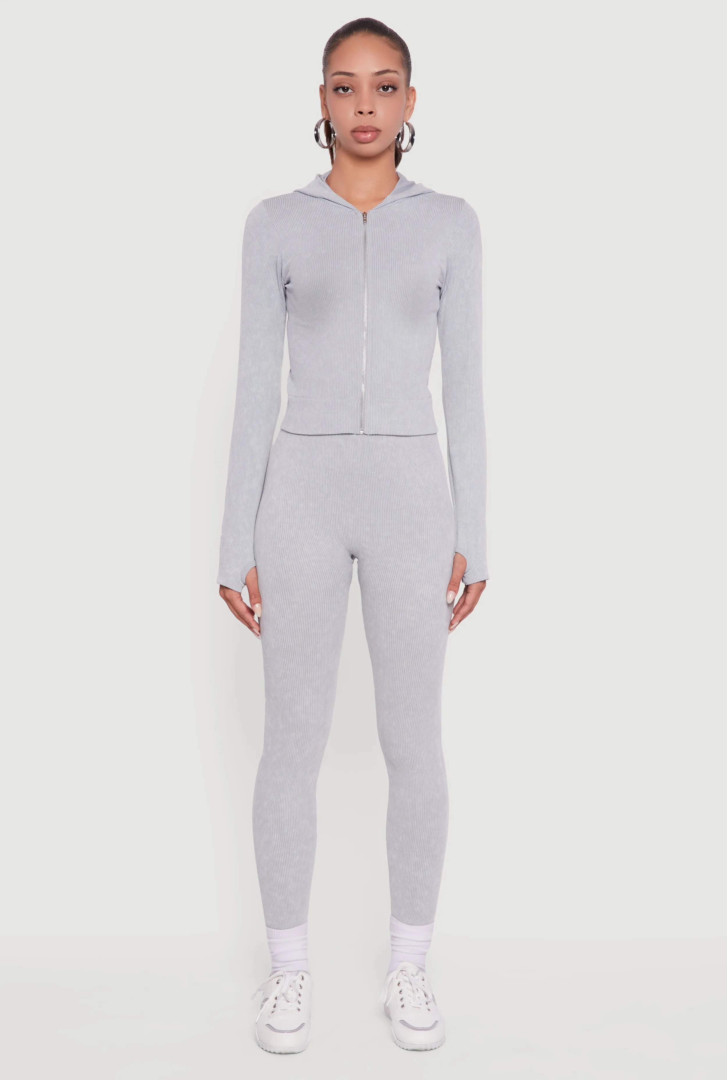 Acid Wash Ribbed Knit Hoodie with Thumb Holes sold by Rainbow product image thumbnail 3