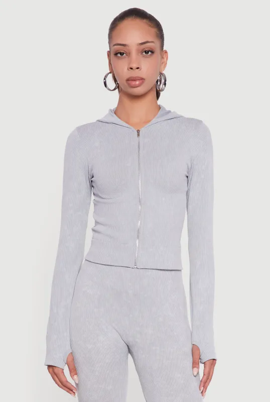 Acid Wash Ribbed Knit Hoodie with Thumb Holes sold by Rainbow