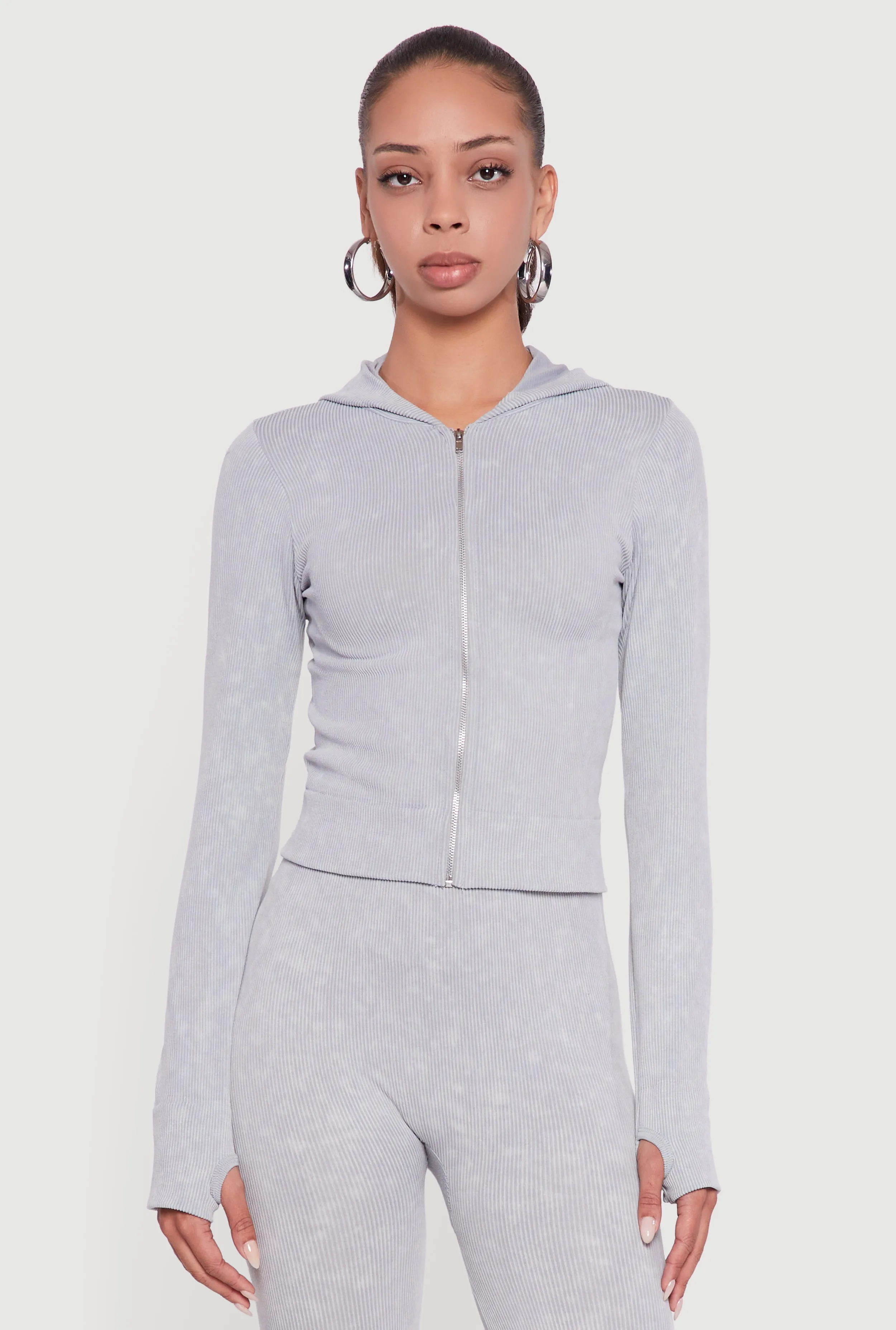 Acid Wash Ribbed Knit Hoodie with Thumb Holes sold by Rainbow