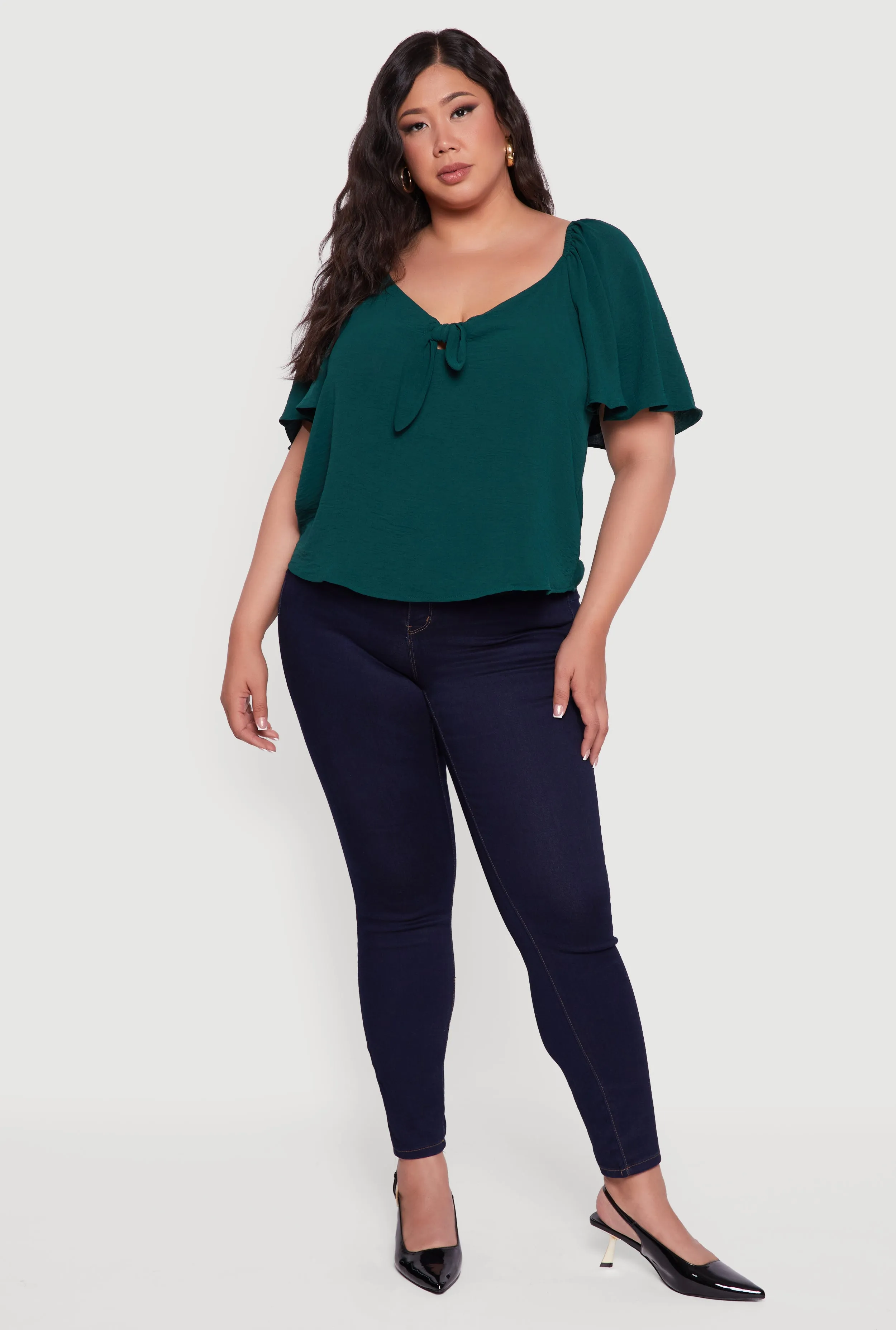 Plus Size Tie Front V Neck Flutter Sleeve Blouse sold by Rainbow