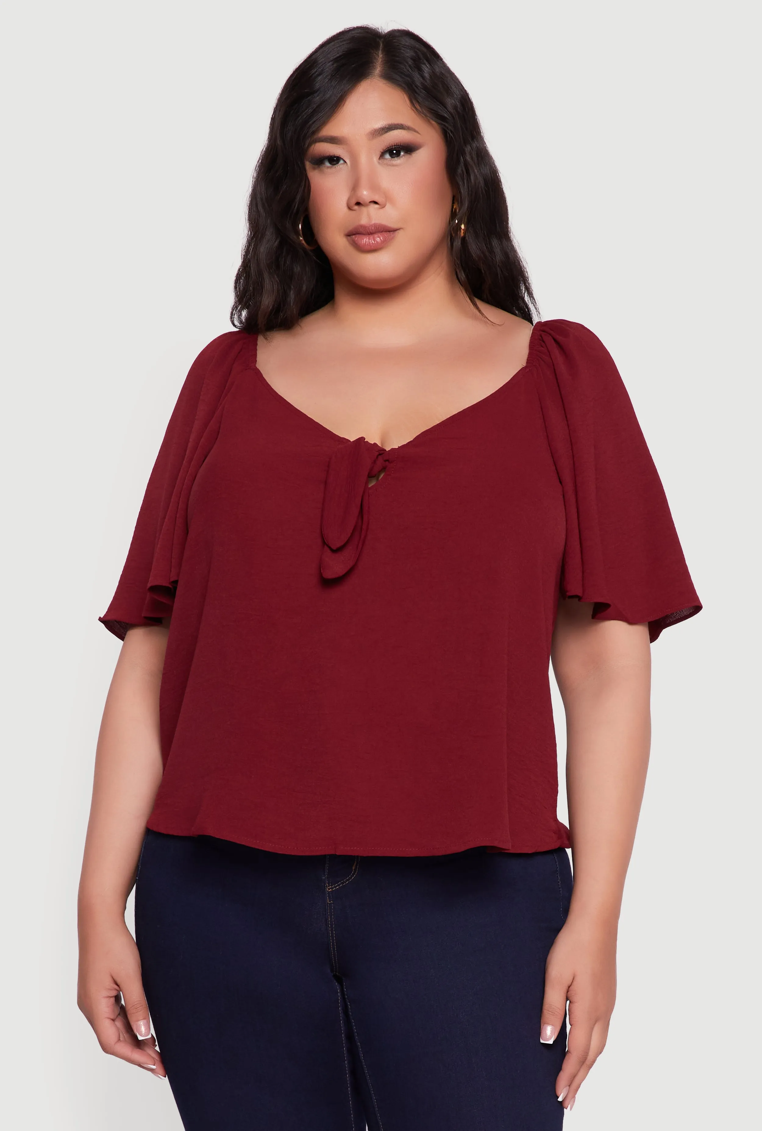 Plus Size Tie Front V Neck Flutter Sleeve Blouse sold by Rainbow product image thumbnail 2