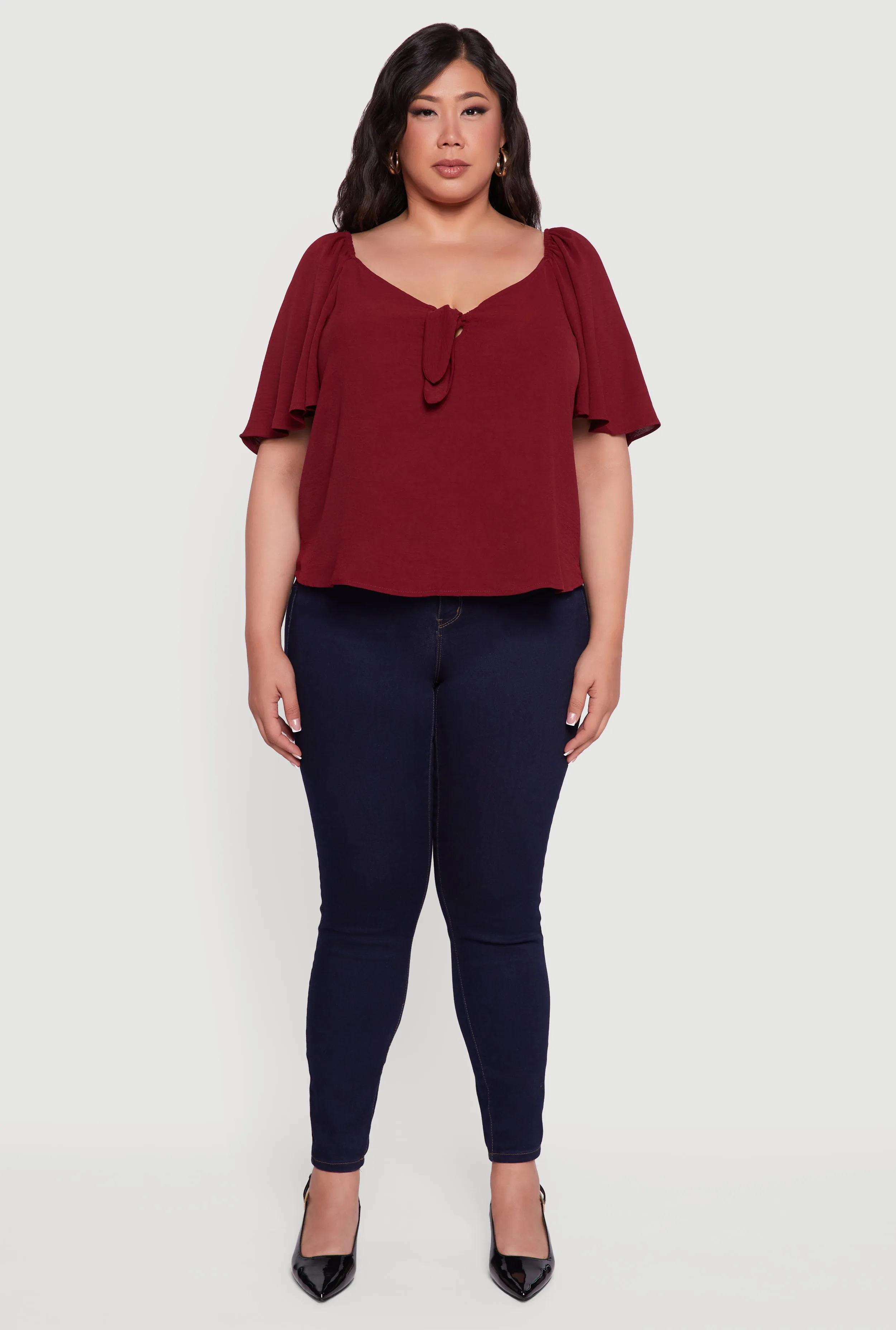 Plus Size Tie Front V Neck Flutter Sleeve Blouse sold by Rainbow product image thumbnail 3