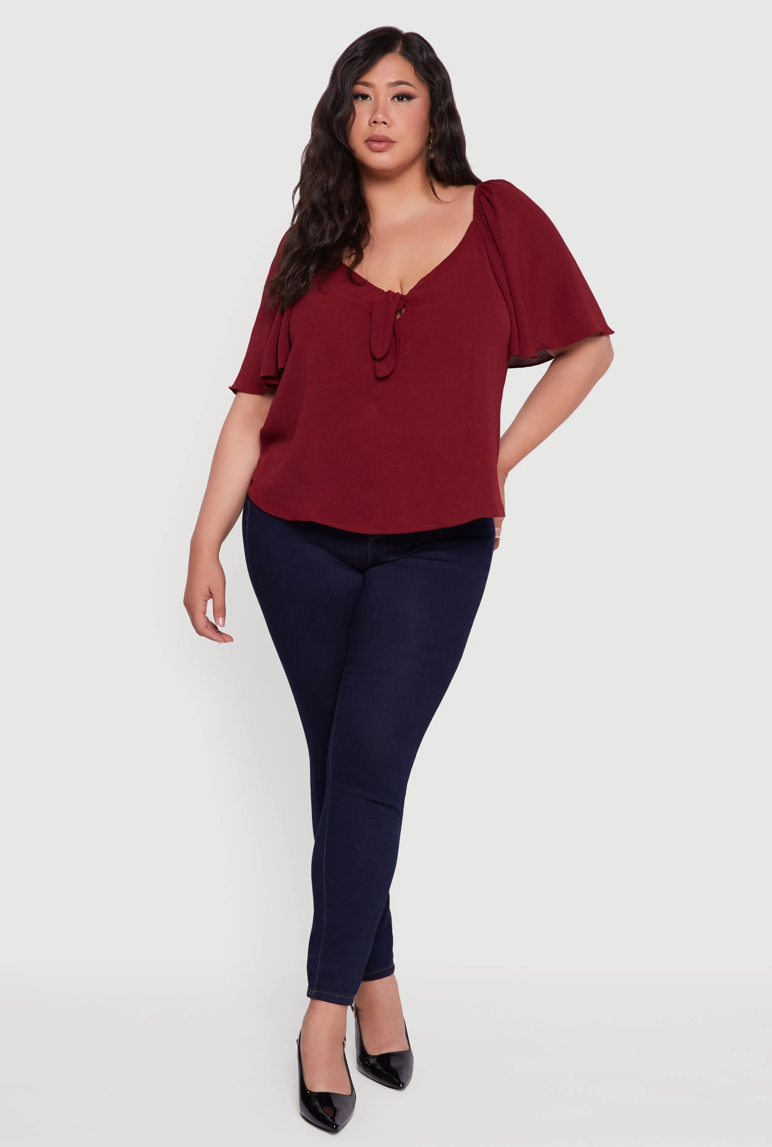 Plus Size Tie Front V Neck Flutter Sleeve Blouse sold by Rainbow