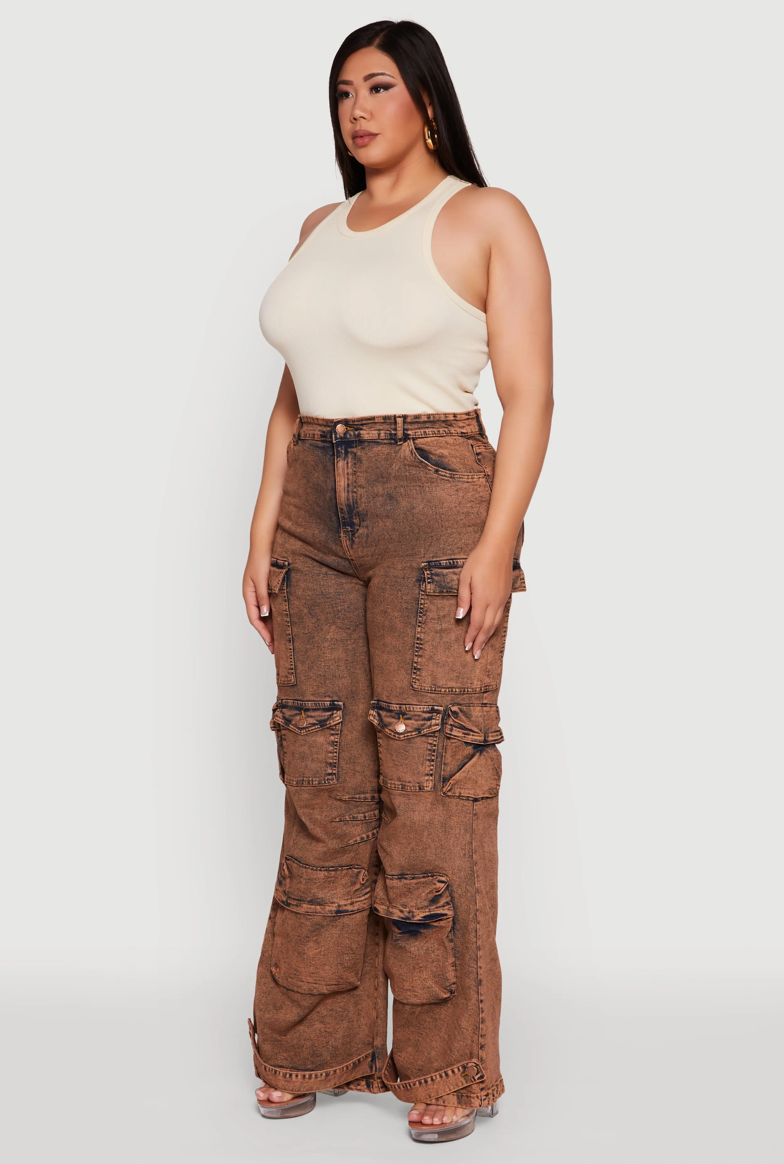 Plus Size Acid Wash High Waisted Wide Leg Utility Jeans sold by Rainbow product image thumbnail 3