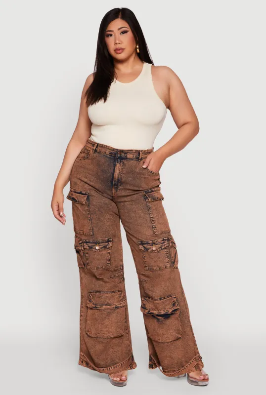 Plus Size Acid Wash High Waisted Wide Leg Utility Jeans sold by Rainbow