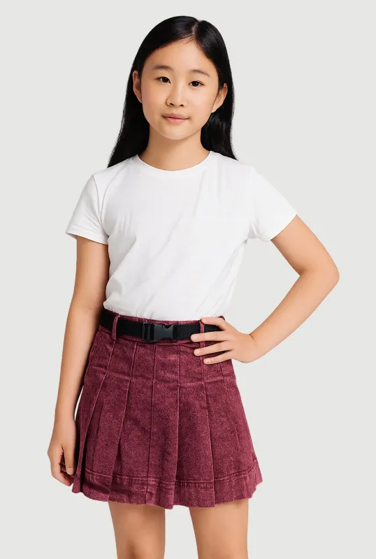 Girls Mid-Rise Acid Wash Denim Pleated Skirt with Belt sold by Rainbow