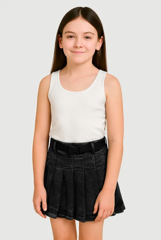 Girls Mid-Rise Acid Wash Denim Pleated Skirt with Belt sold by Rainbow
