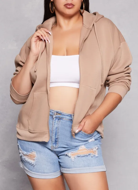 Plus Size Solid Zip Front Hoodie sold by Rainbow