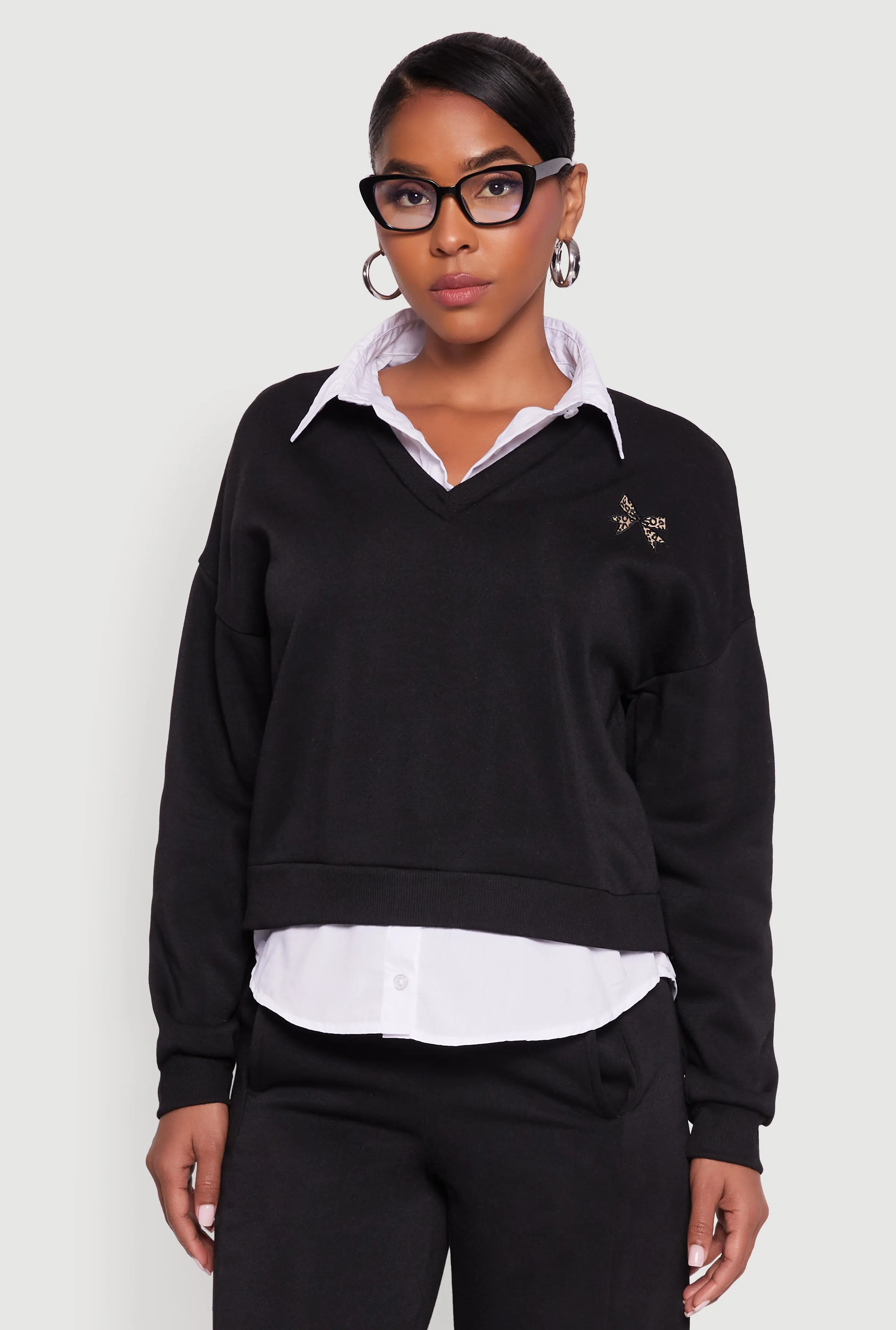 Graphic Detail Layered Look Shirt Collar Sweatshirt sold by Rainbow