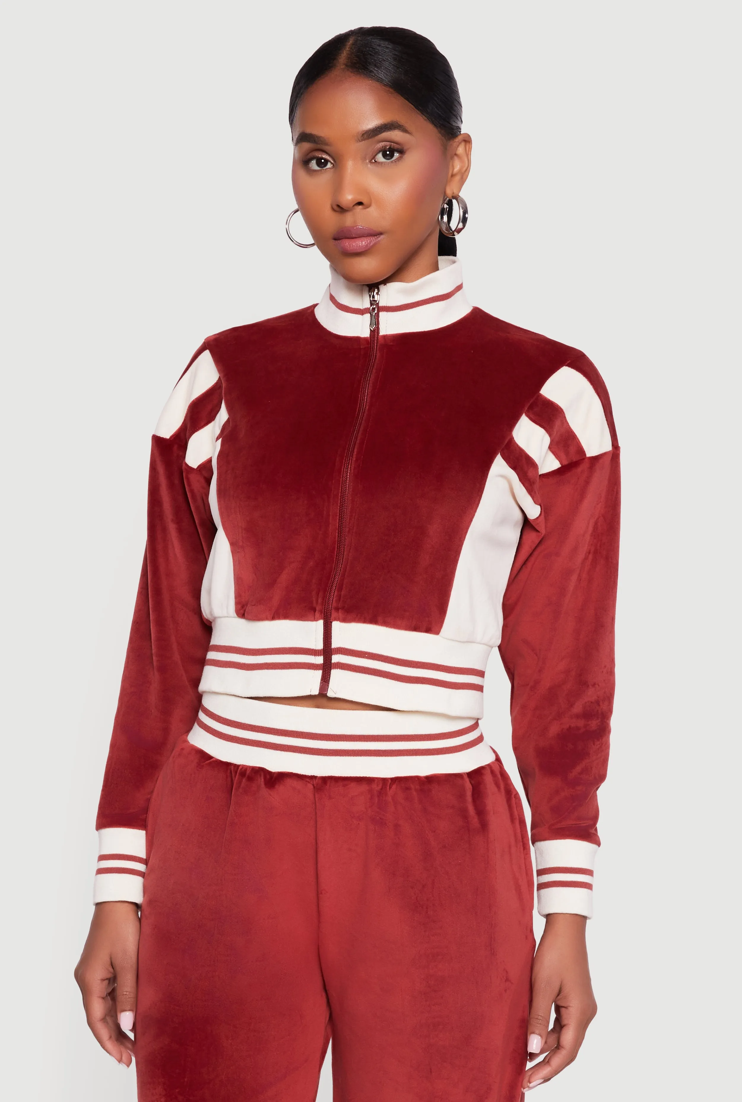 Velour Mock Neck Zip Front Top with Stripes sold by Rainbow