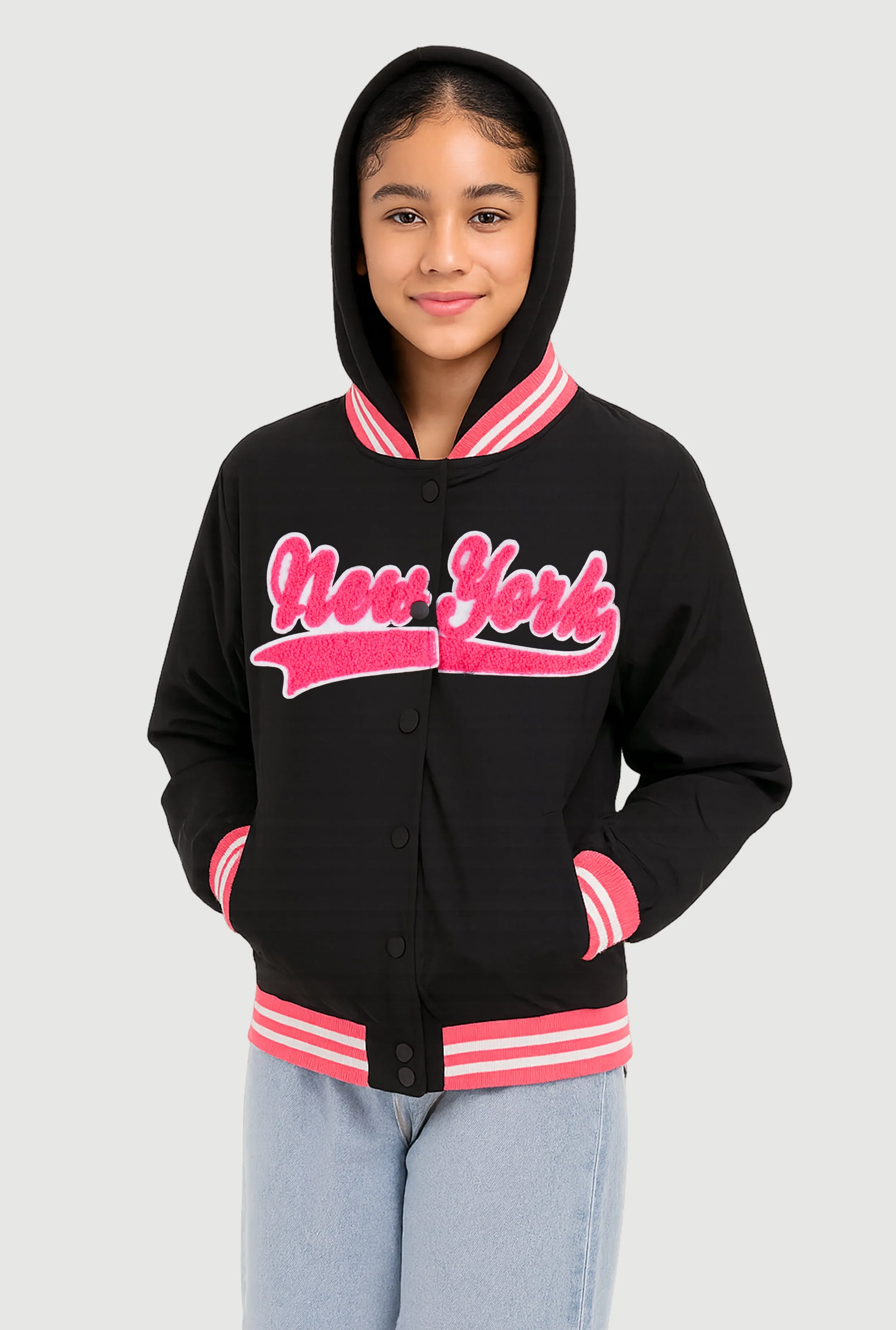 Girls Chenille New York Hooded Varsity Jacket sold by Rainbow