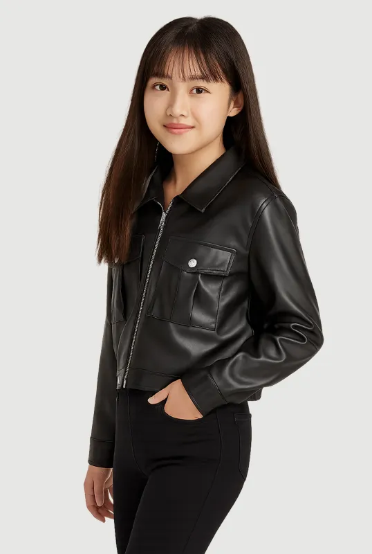 Girls Faux Leather Cargo Pocket Zip Front Jacket sold by Rainbow
