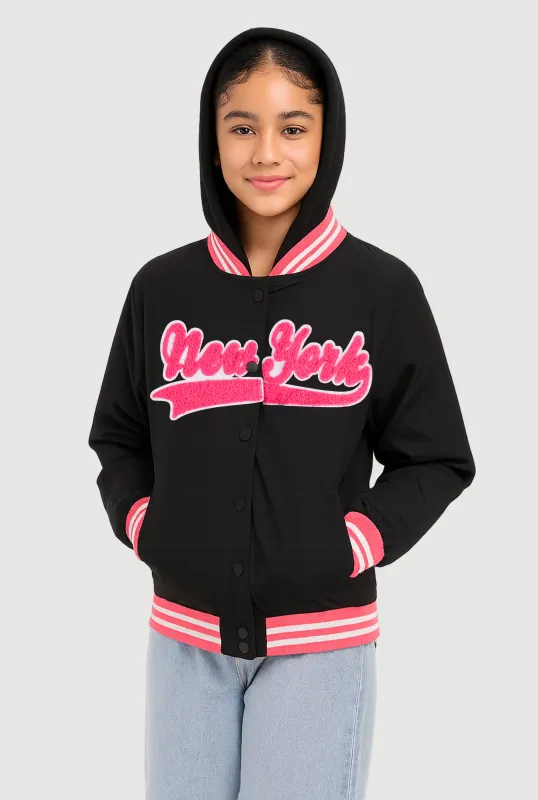 Girls Chenille New York Hooded Varsity Jacket sold by Rainbow