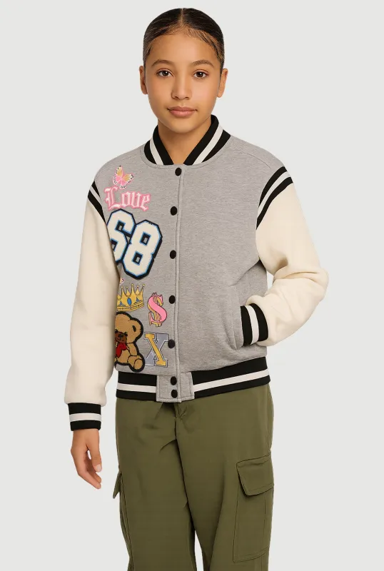 Girls Chenille 68 Bear Patch Graphic Varsity Jacket sold by Rainbow