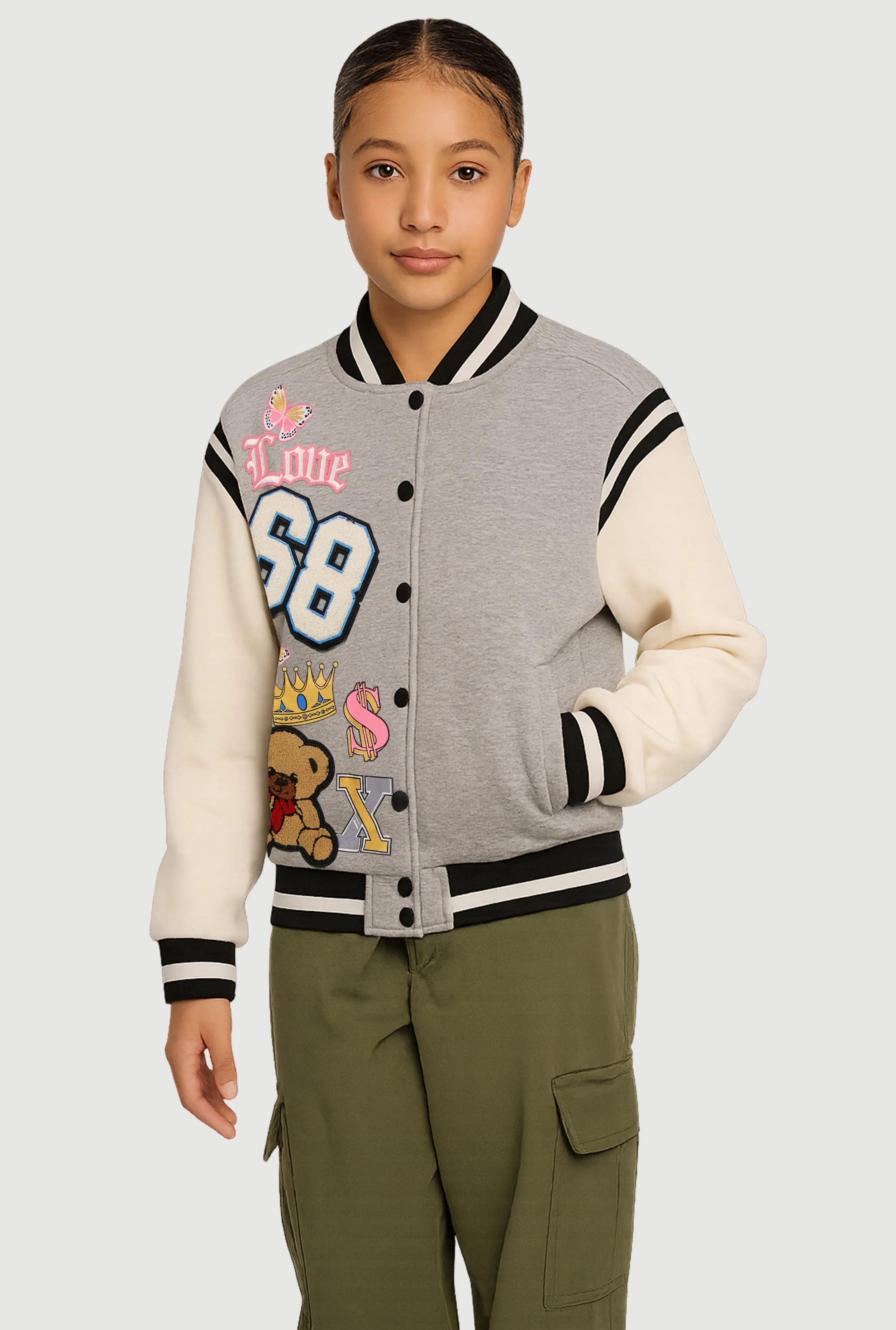 Girls Chenille 68 Bear Patch Graphic Varsity Jacket sold by Rainbow