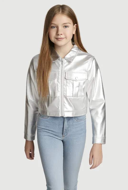 Girls Faux Leather Cargo Pocket Zip Front Jacket sold by Rainbow