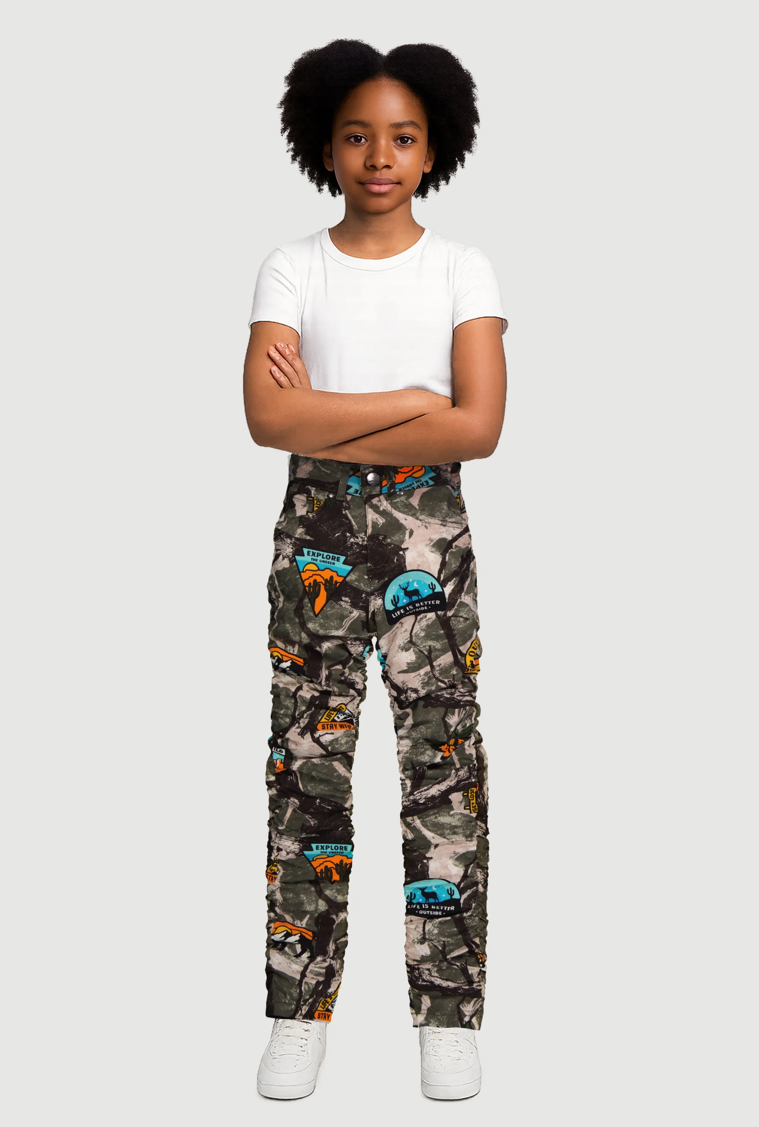 Girls Camo Hyper Stretch Stacked Skinny Leg Pants sold by Rainbow