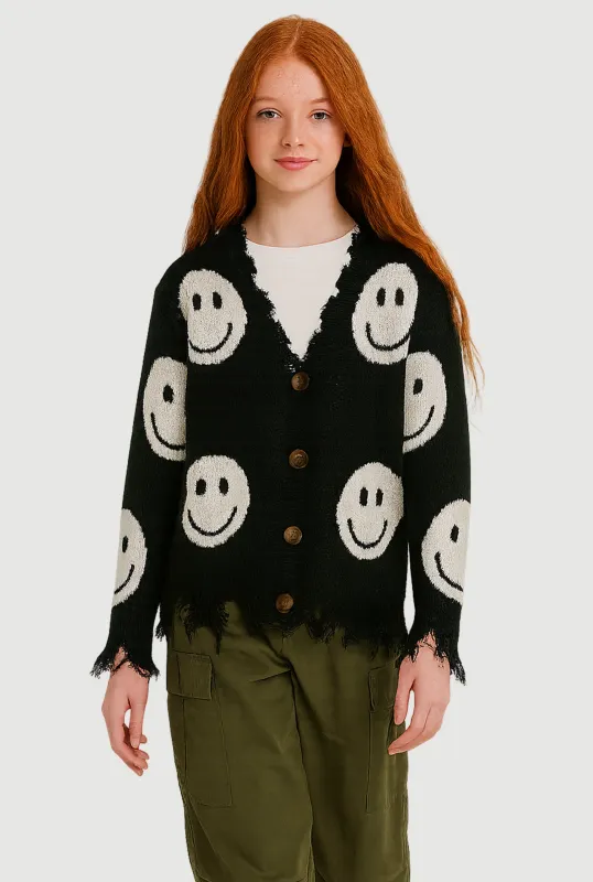 Girls Smiley Face Print Frayed Button Front Cardigan sold by Rainbow