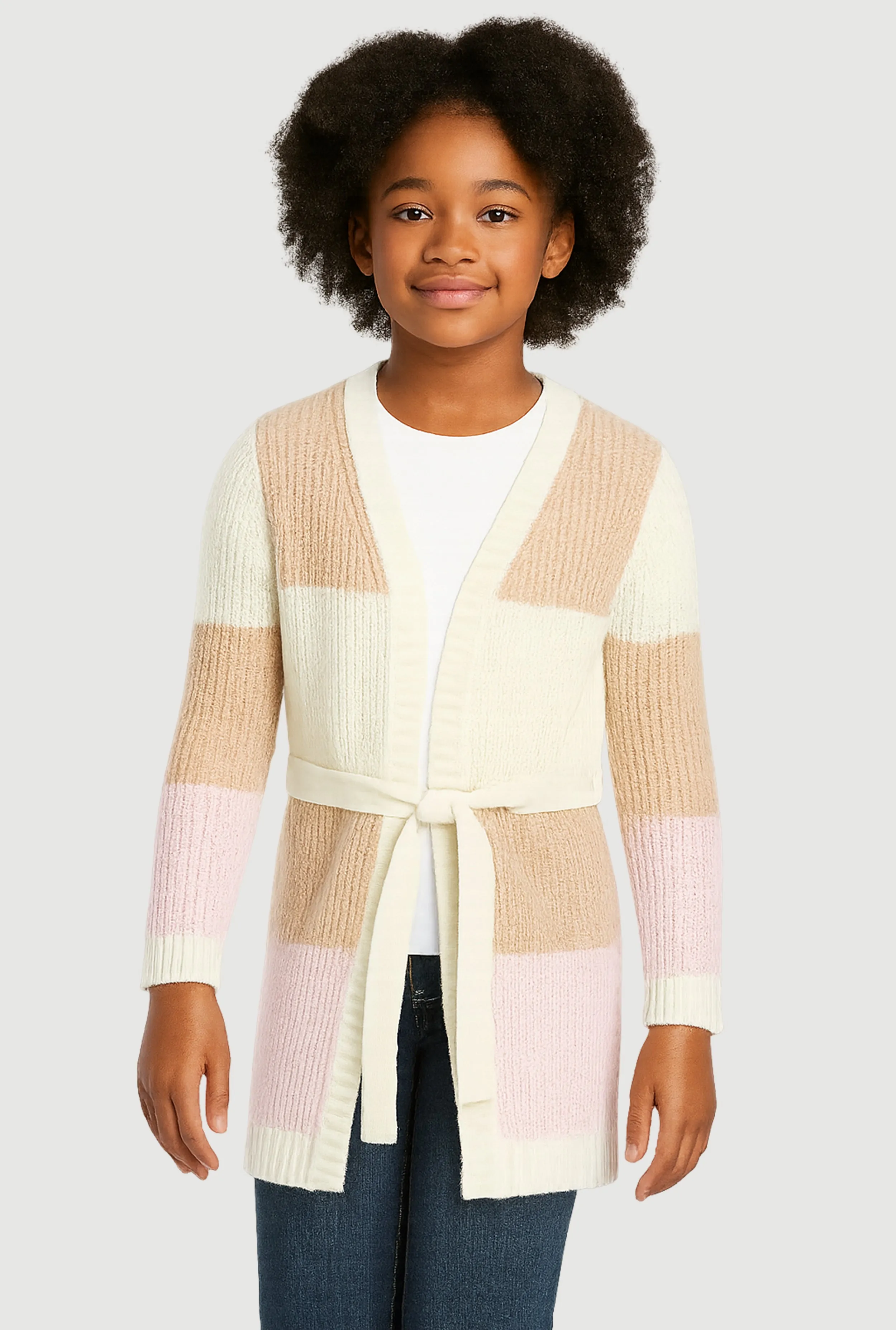 Girls Color Block Cardigan with Tie Waist Belt sold by Rainbow