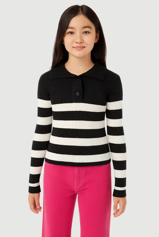 Girls Rib Knit Striped Collared Pullover Sweater sold by Rainbow