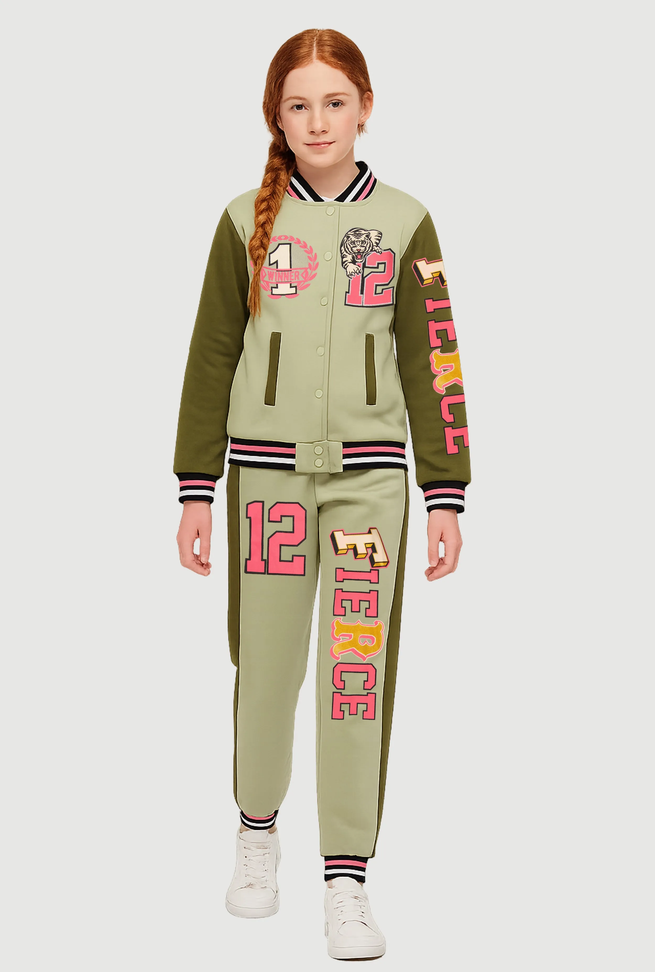 Girls Fleece Lined Color Blocked Fierce Graphic Varsity Jacket and Joggers sold by Rainbow