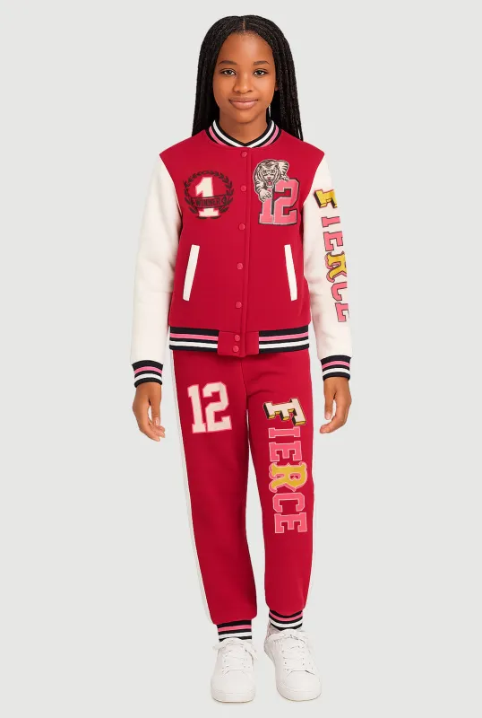 Girls Fleece Lined Color Blocked Fierce Graphic Varsity Jacket and Joggers made by Rainbow