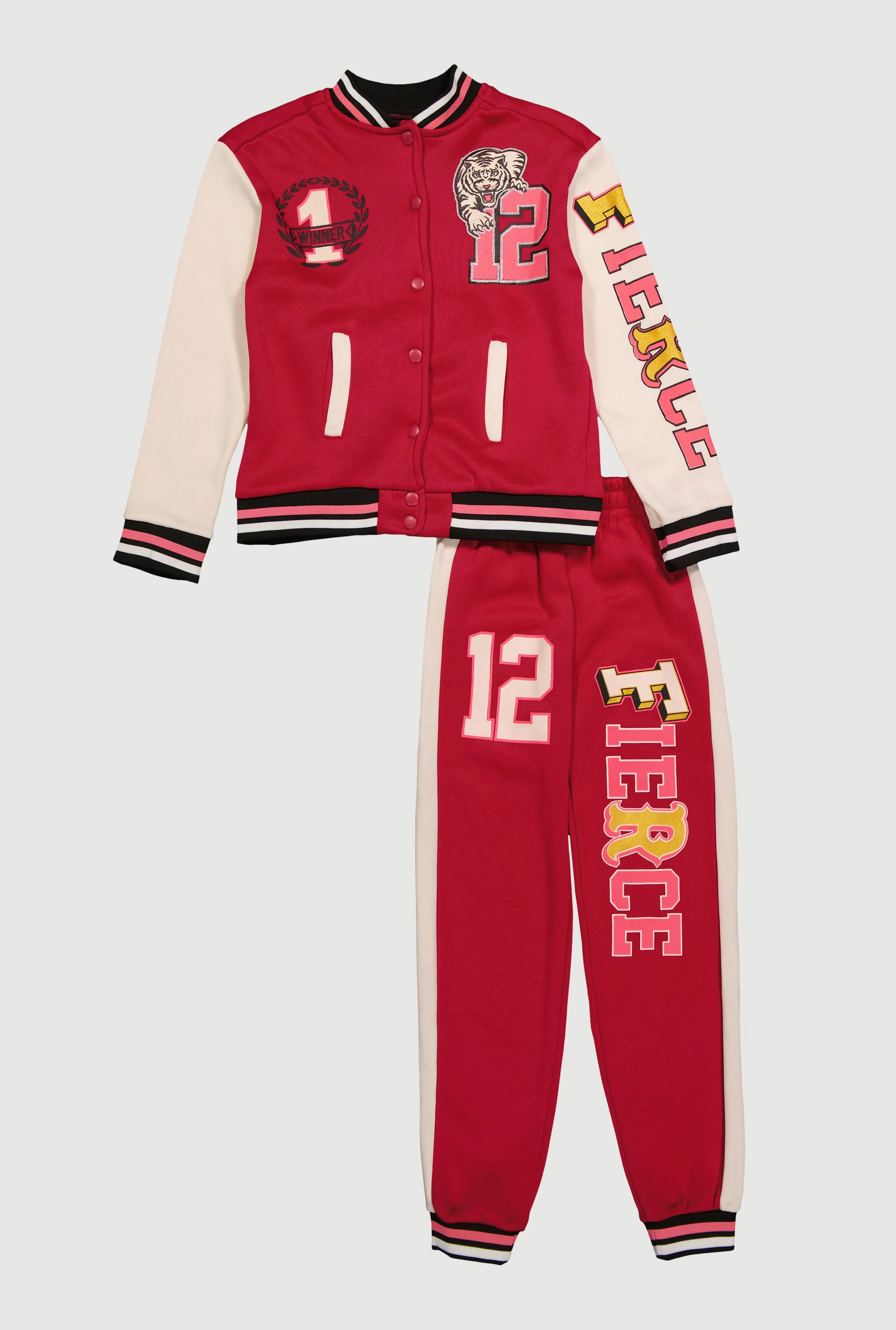 Girls Fleece Lined Color Blocked Fierce Graphic Varsity Jacket and Joggers sold by Rainbow product image thumbnail 2