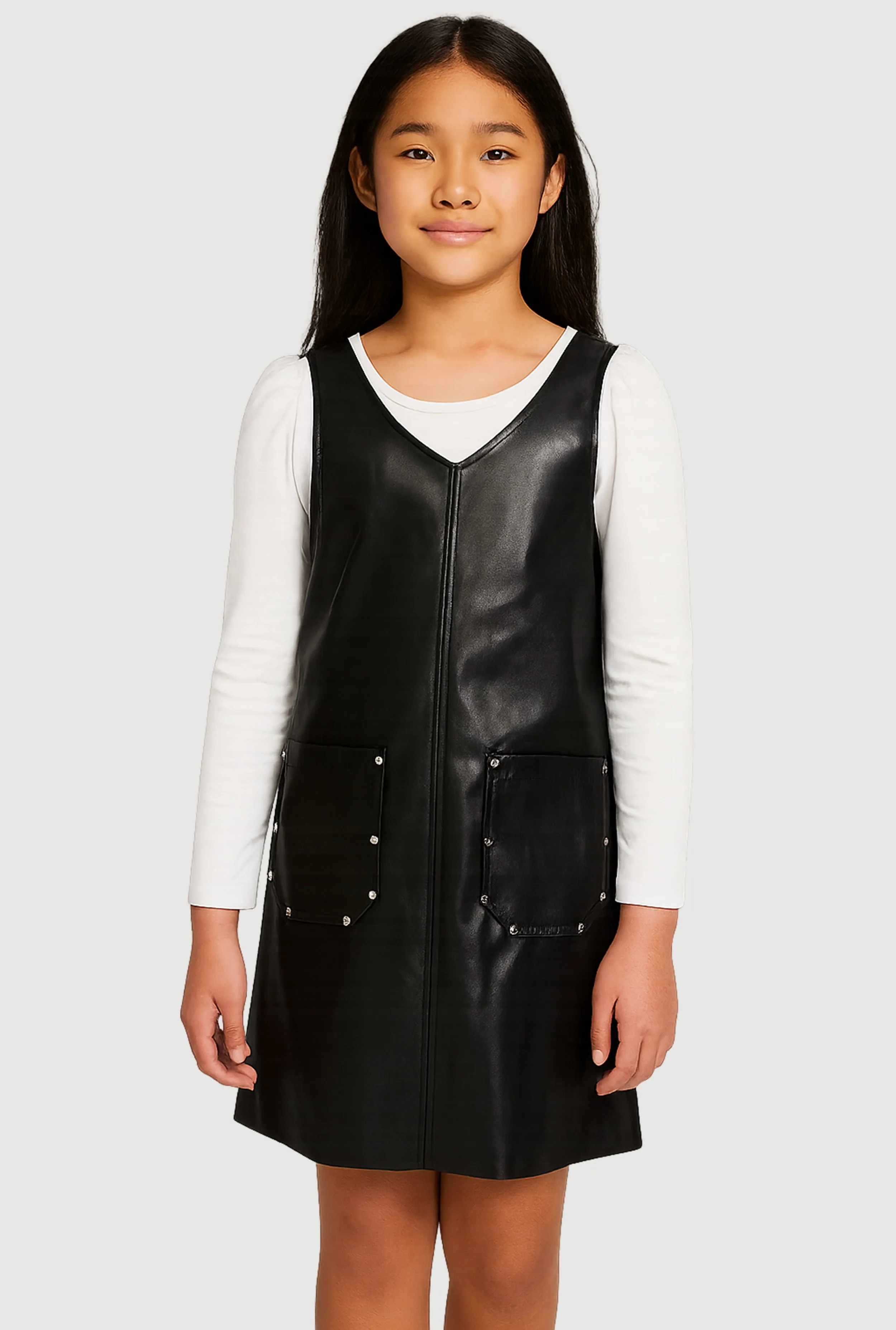 Girls Faux Leather Studded Cargo Pocket Dress with Top sold by Rainbow