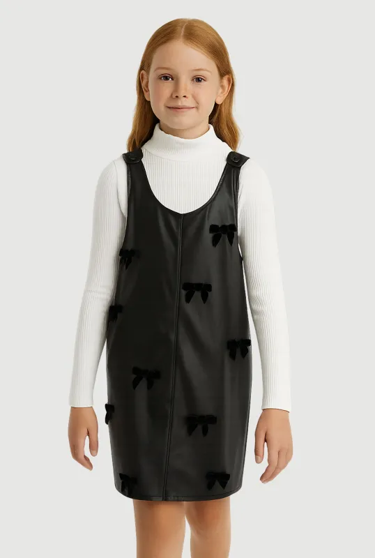 Girls Faux Leather Bow Detail Overall Dress with Top sold by Rainbow