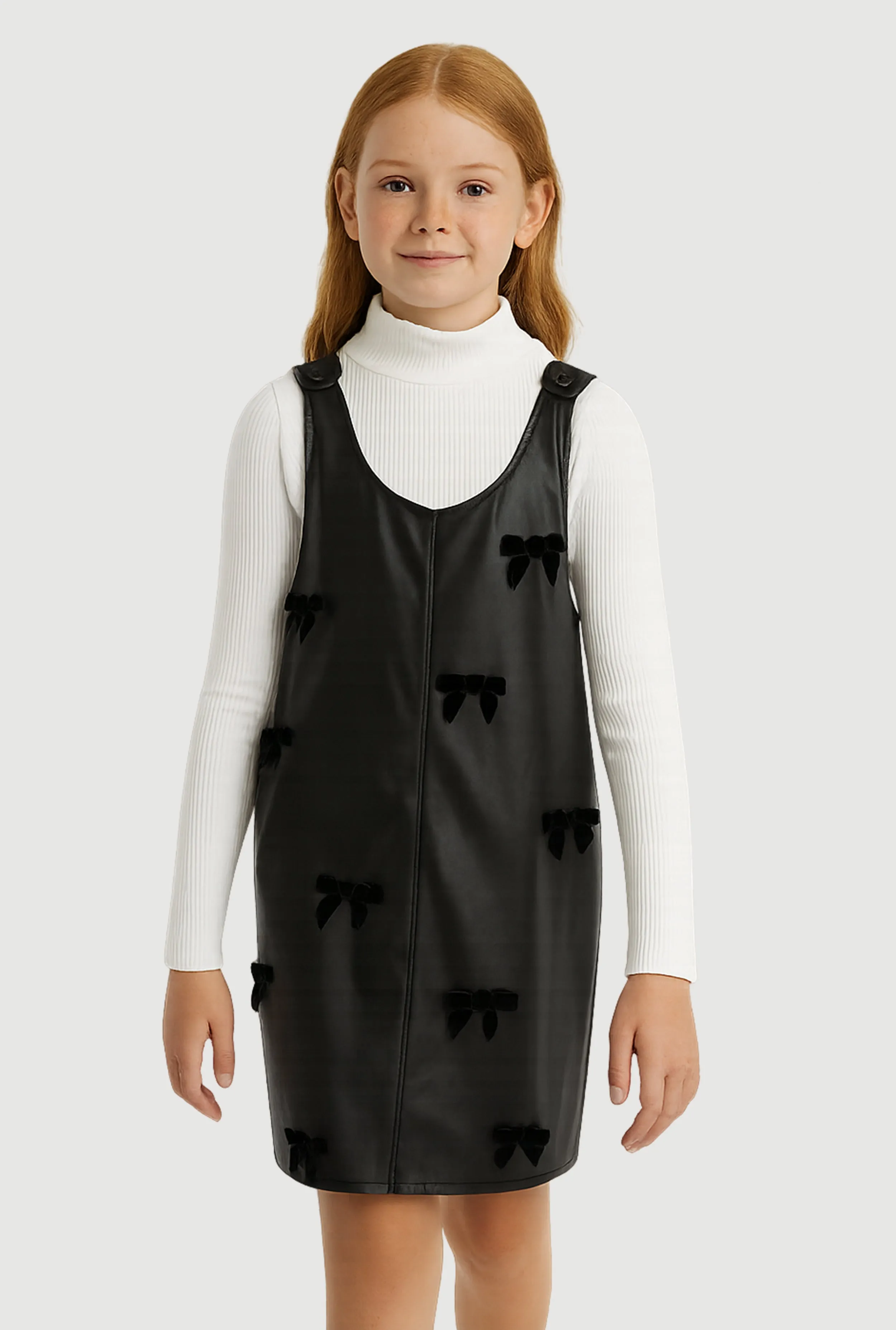 Girls Faux Leather Bow Detail Overall Dress with Top sold by Rainbow