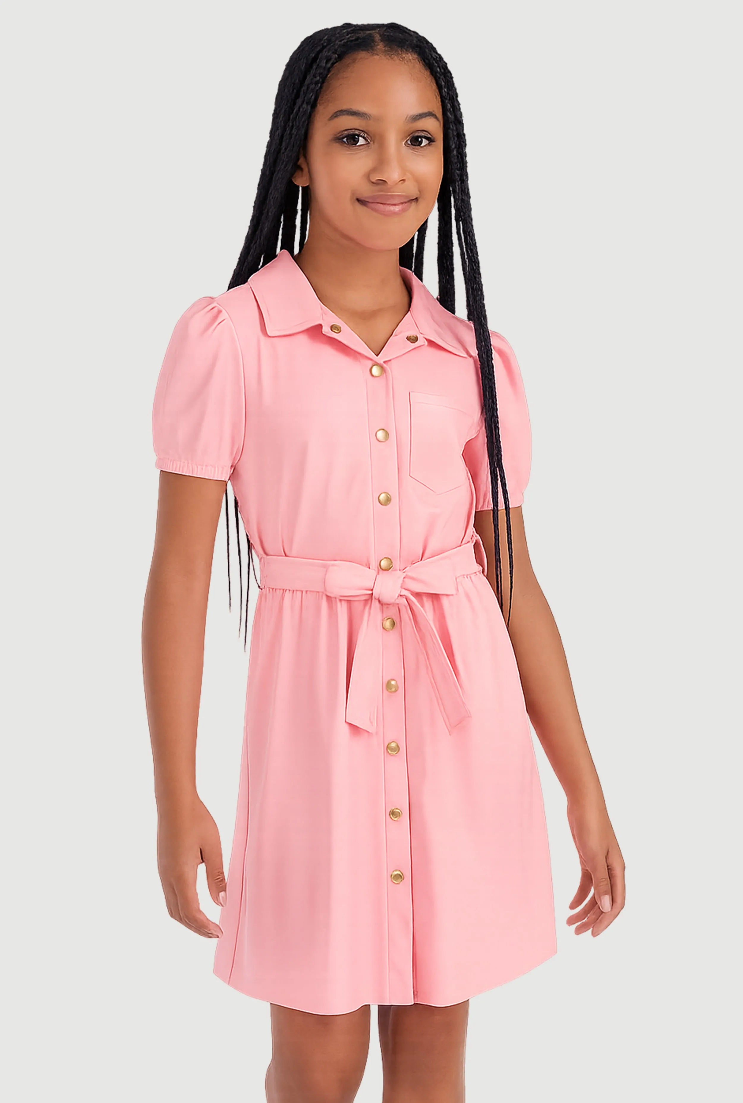 Girls Faux Leather Puff Sleeve Shirt Dress with Tie Waist Belt sold by Rainbow