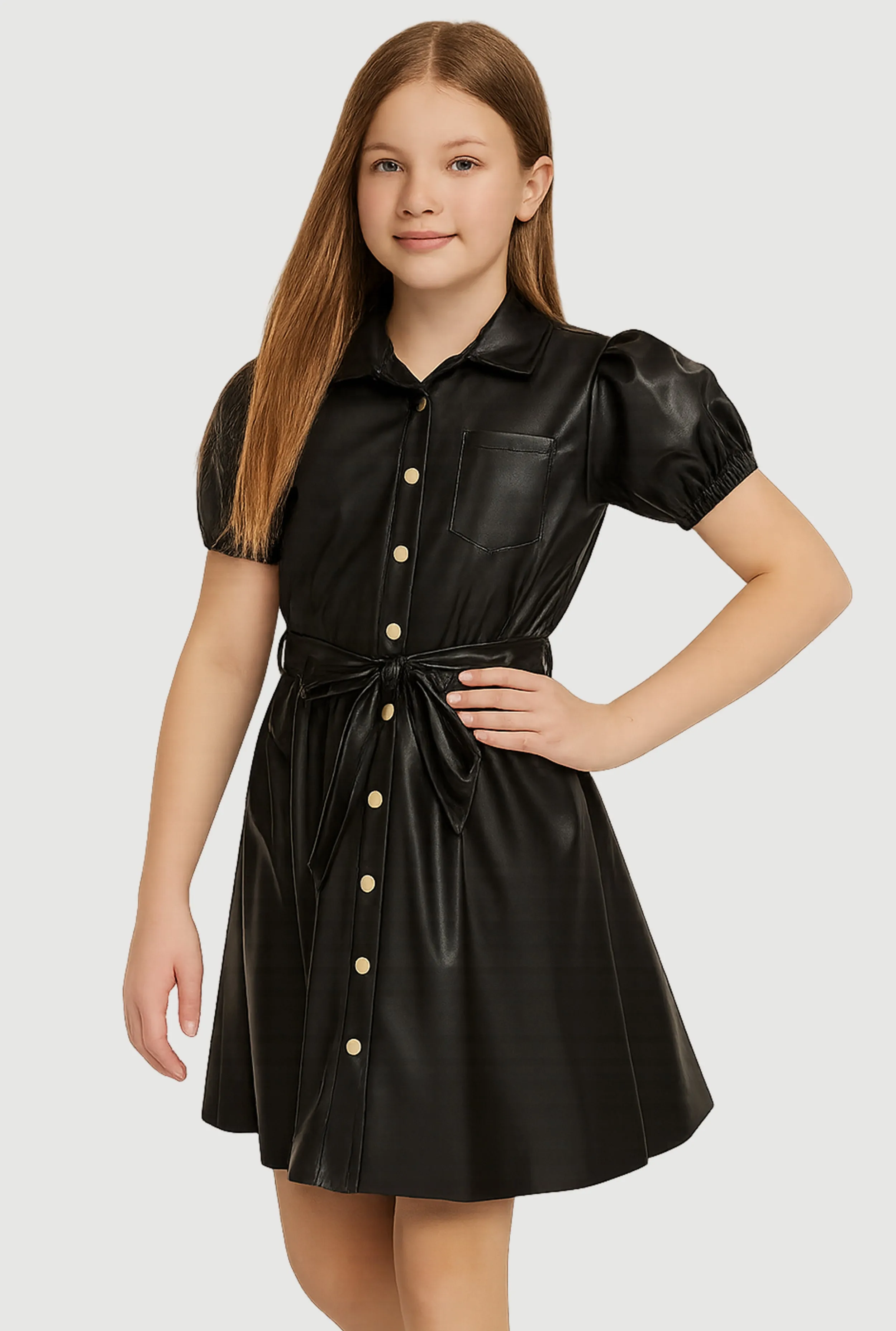 Girls Faux Leather Puff Sleeve Shirt Dress with Tie Waist Belt sold by Rainbow product image thumbnail 2