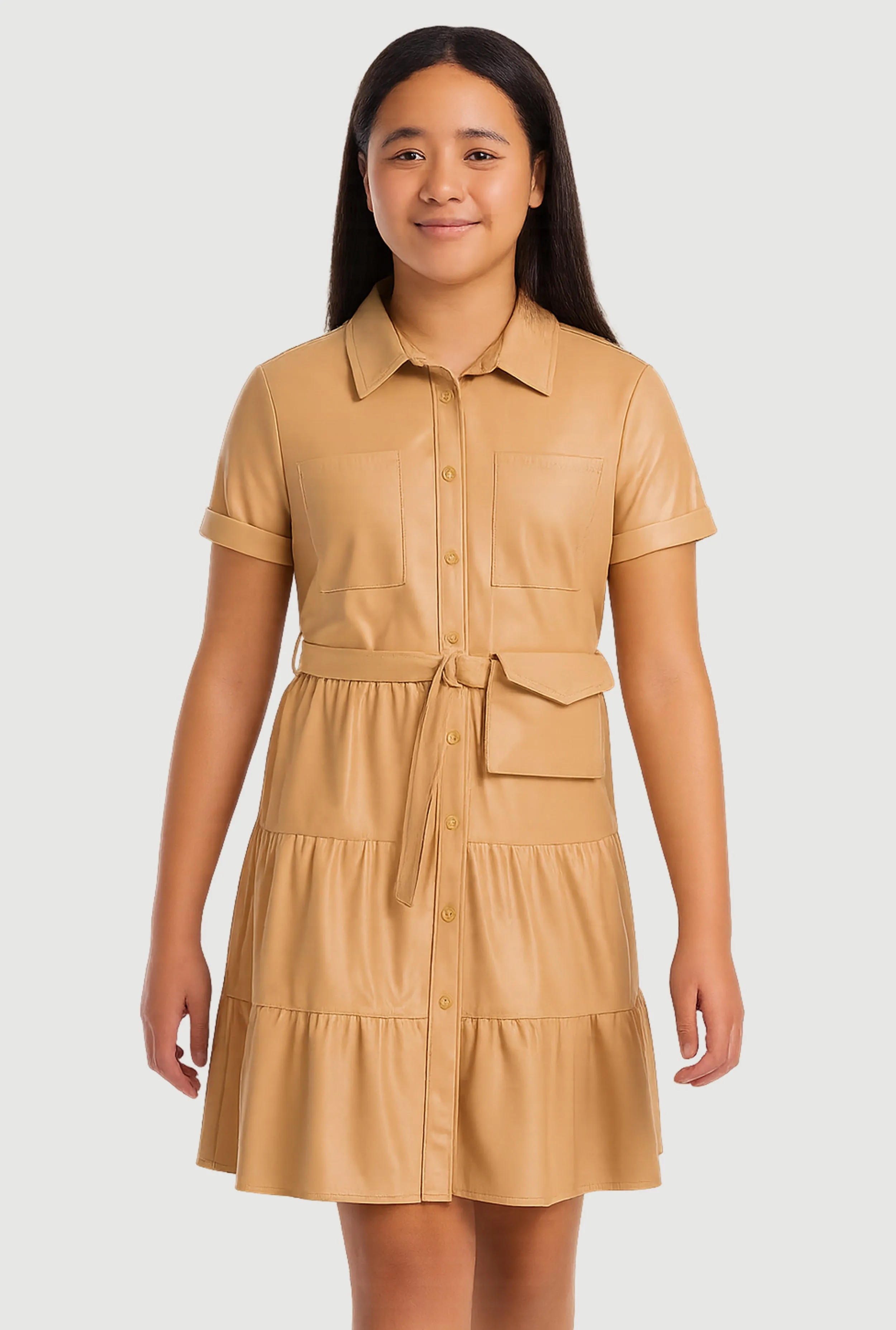 Girls Faux Leather Tiered Shirt Dress with Belt and Pouch sold by Rainbow product image thumbnail 2