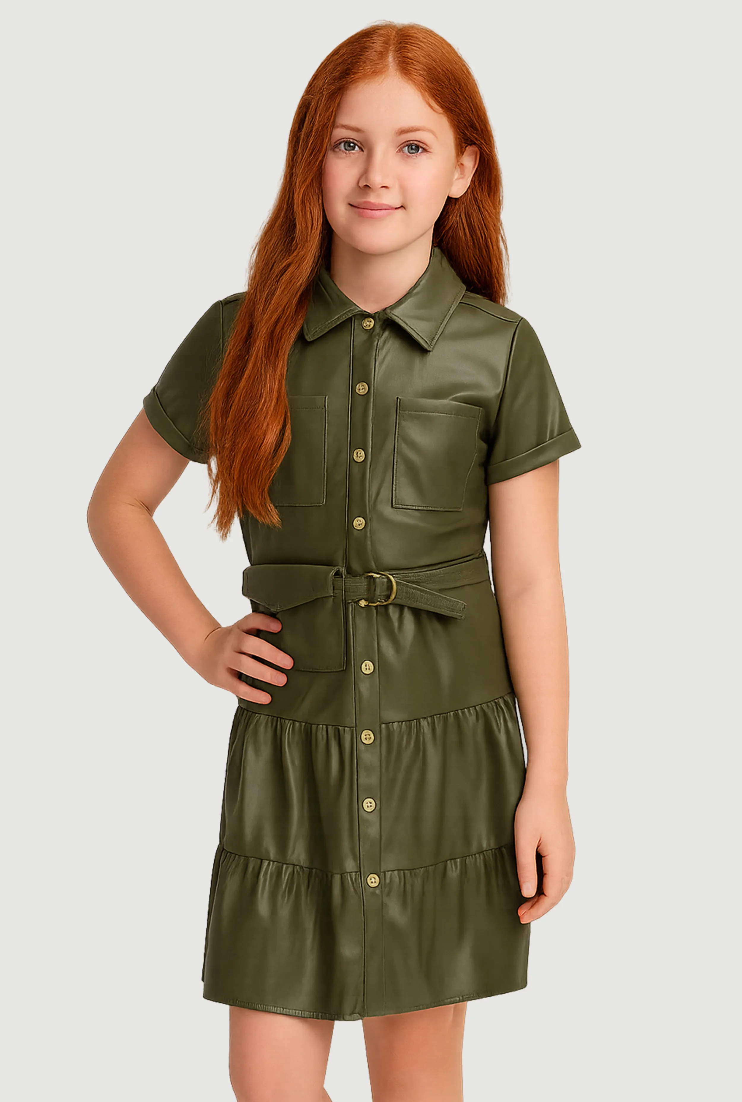 Girls Faux Leather Tiered Shirt Dress with Belt and Pouch sold by Rainbow product image thumbnail 3