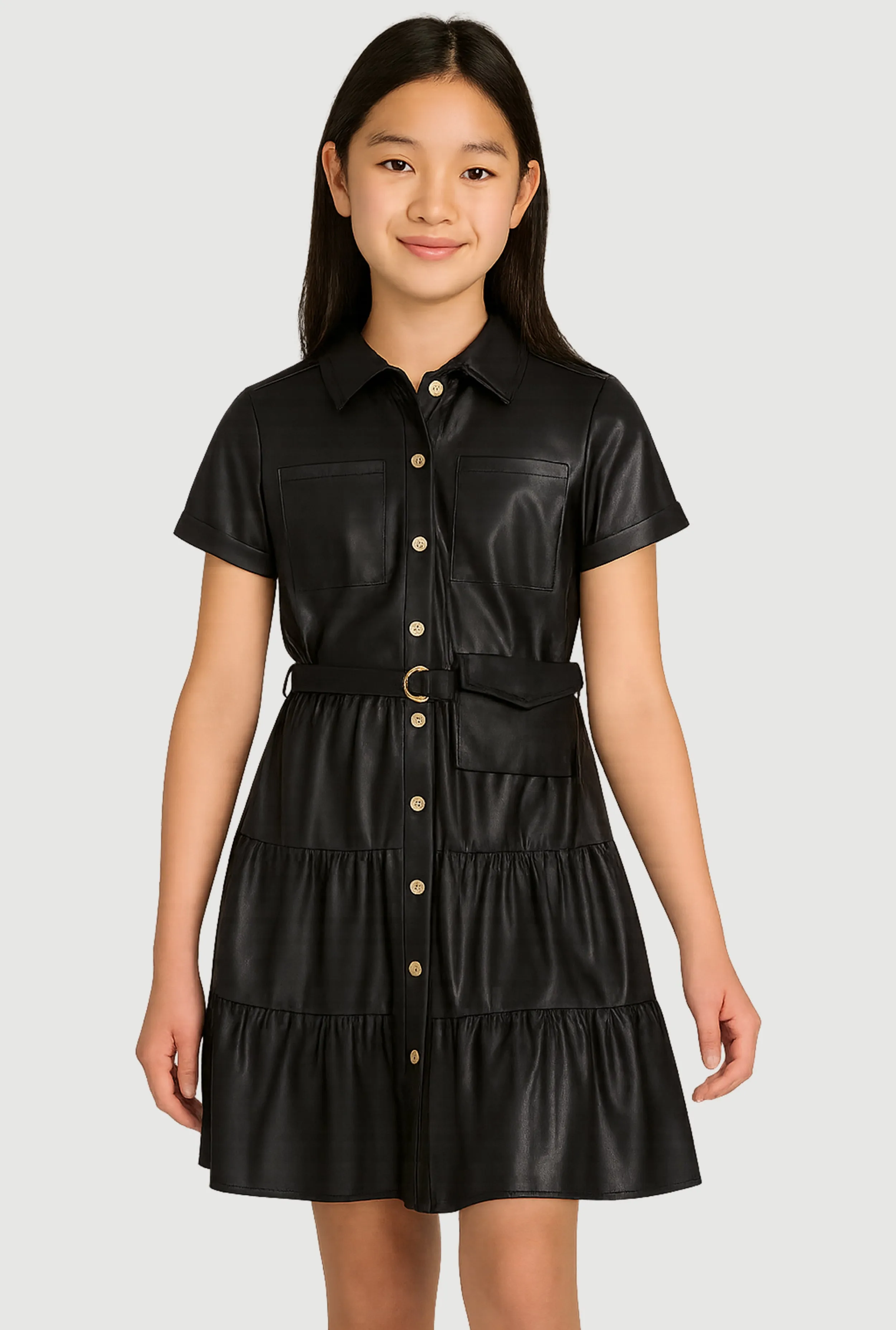 Girls Faux Leather Tiered Shirt Dress with Belt and Pouch sold by Rainbow
