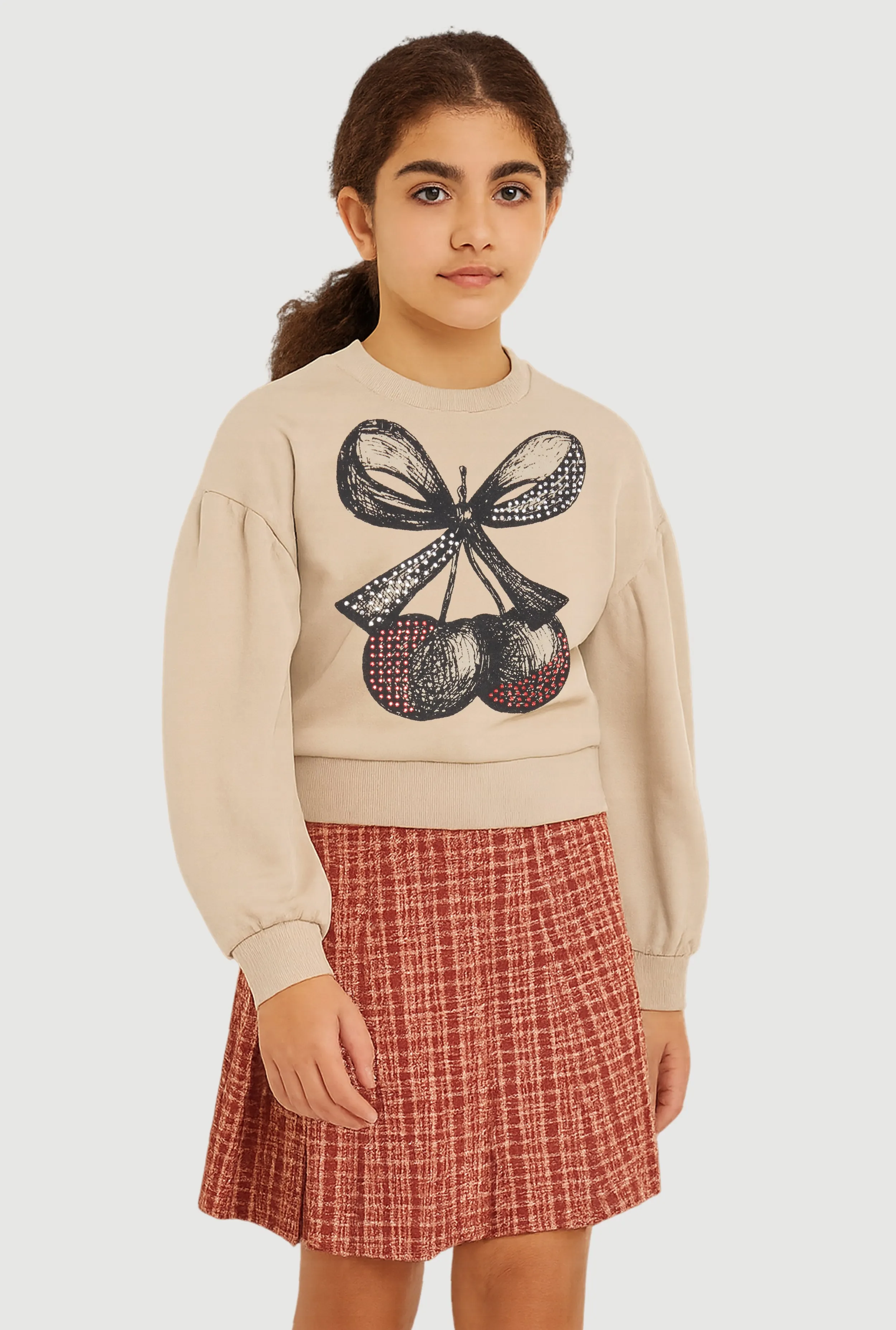 Girls Rhinestone Bow Cherry Graphic Sweatshirt and Plaid Pleated Skirt sold by Rainbow