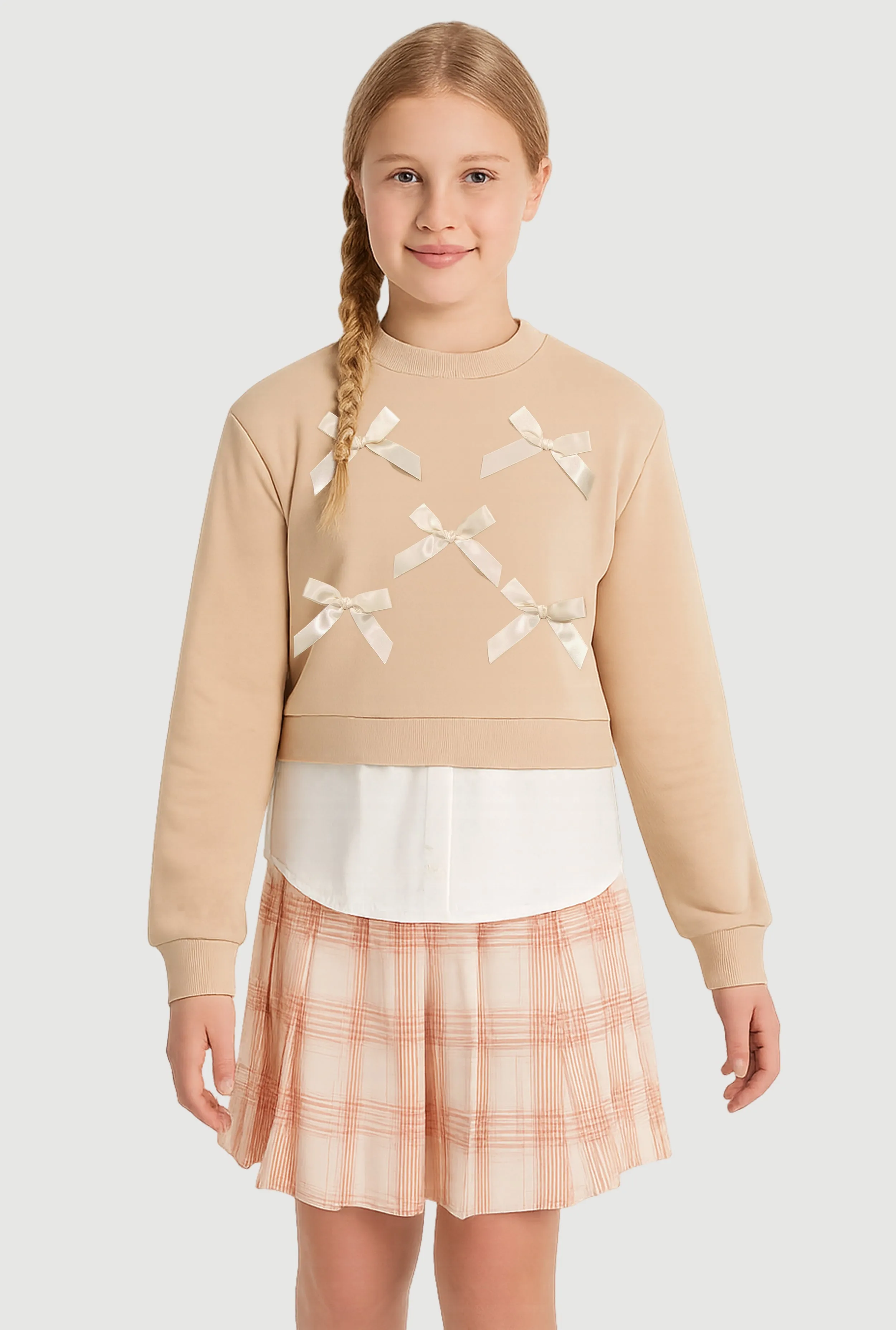 Girls Bow Layered Look Sweatshirt and Plaid Pleated Skirt sold by Rainbow product image thumbnail 2