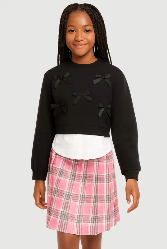 Girls Bow Layered Look Sweatshirt and Plaid Pleated Skirt sold by Rainbow