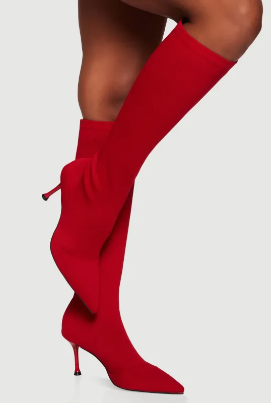 Trendy Pointed Toe Spool Heel Sock Boots made by Rainbow