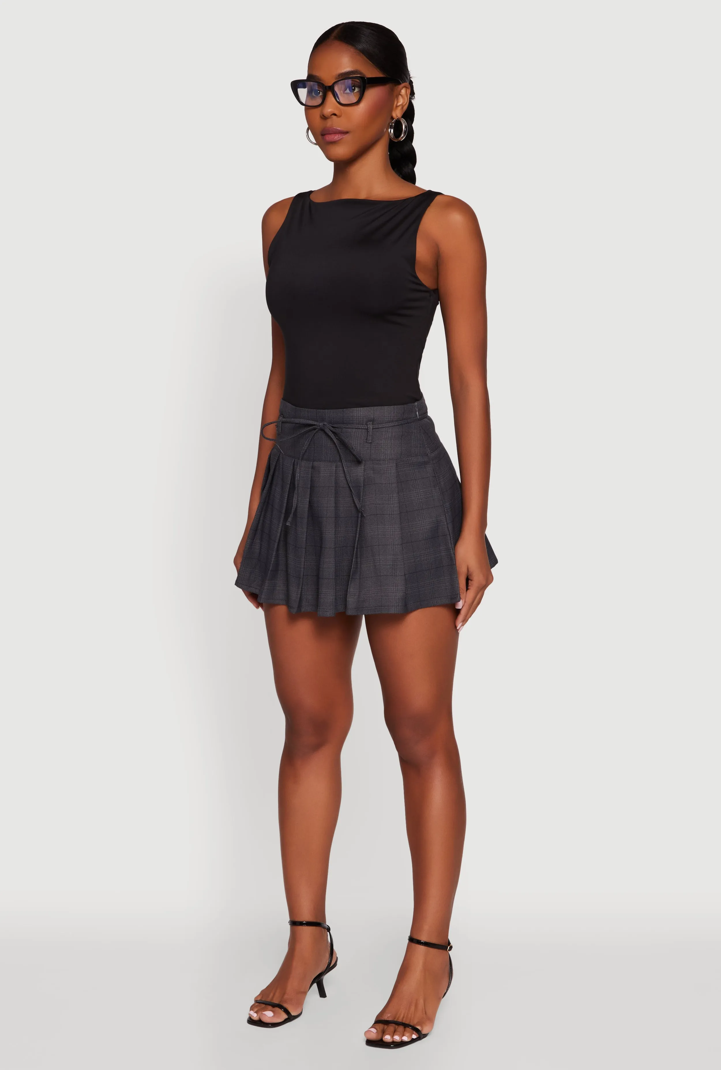 Tie Waist Belted Mini Plaid Pleated Skirt sold by Rainbow product image thumbnail 3